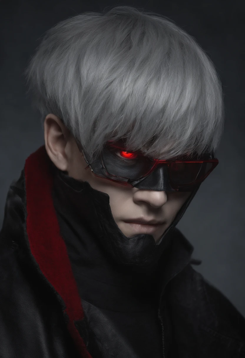 Character Inspired By Kaneki Ken With One Red Eye, On A Neutral Dark Background, Two Color Hair Red And Black