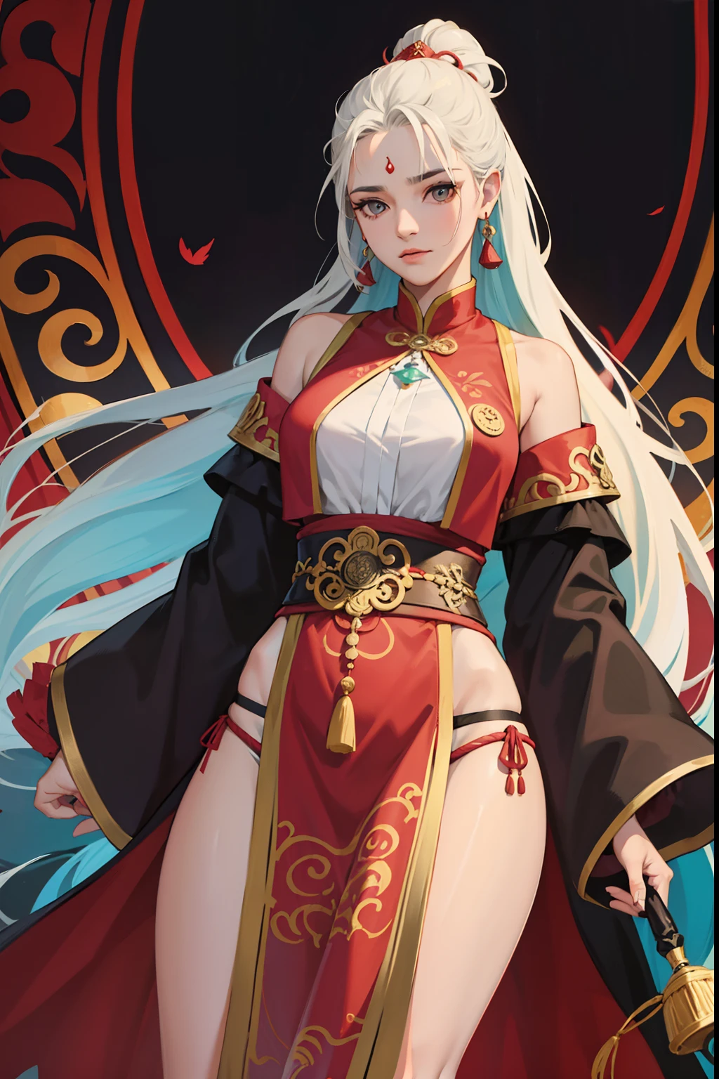 Uma bela mulher madura,usando roupas femininas hunfa wuxia,long hair up to the waist,cor negra,olhos escuros,roupa com vermelha com detalhes dourados,corpo escultural de uma musa,sensual,atraente,empunhando uma espada estilosa,next to an templo ancestral,filha do patriarca,protagonista