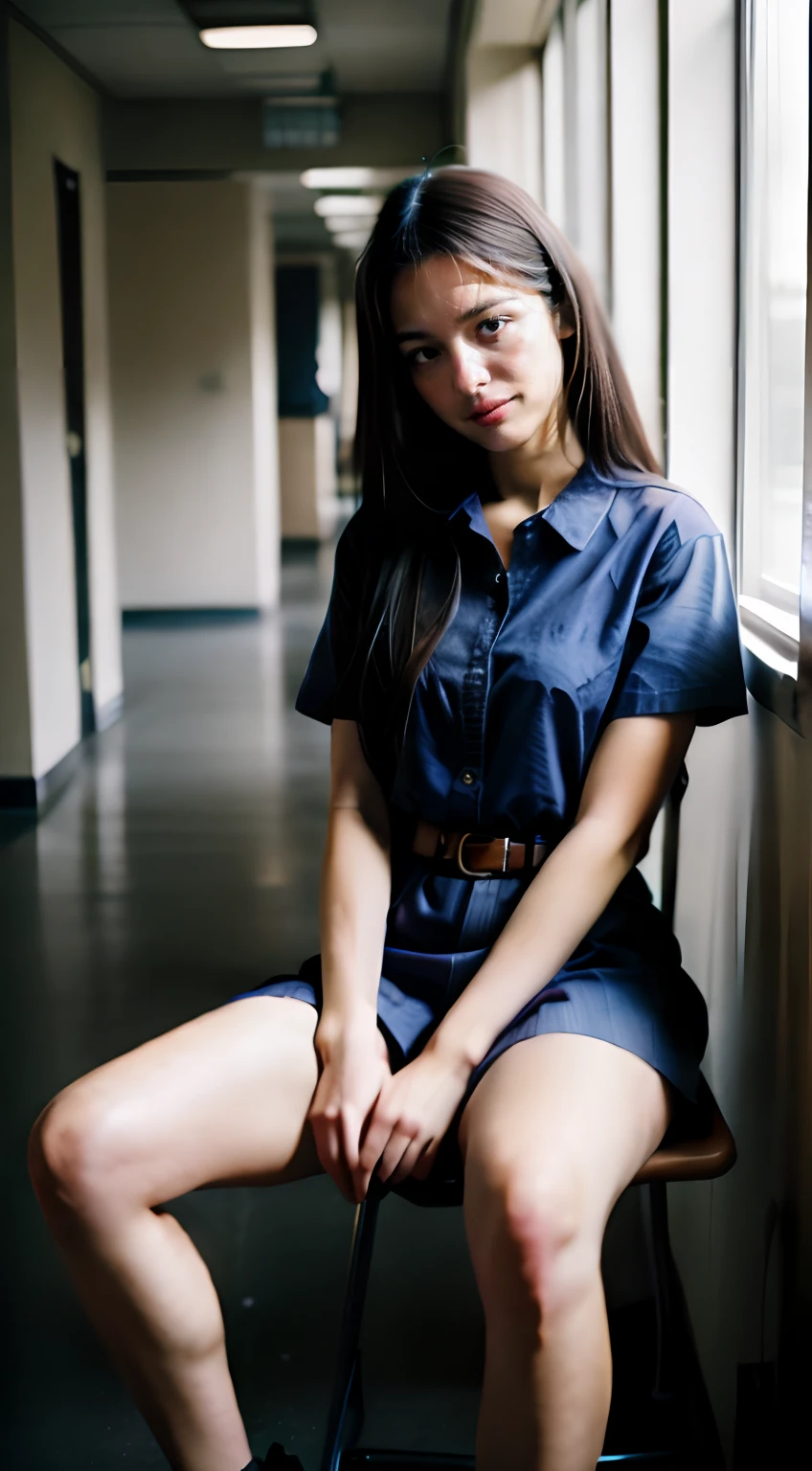 (Medium_shot:1.2), Best Quality, (8K, Raw photo, high angle full body shot,longshot,masutepiece:1.2), (Realistic, Photorealsitic:1.4), Realistic lighting,(1girl in),Japan High School Miniskirt Uniform,Long straight hair,((thighs thighs thighs thighs,groin)),(Slender body,Brown skin),Sitting on a chair in a high school hallway and opening legs