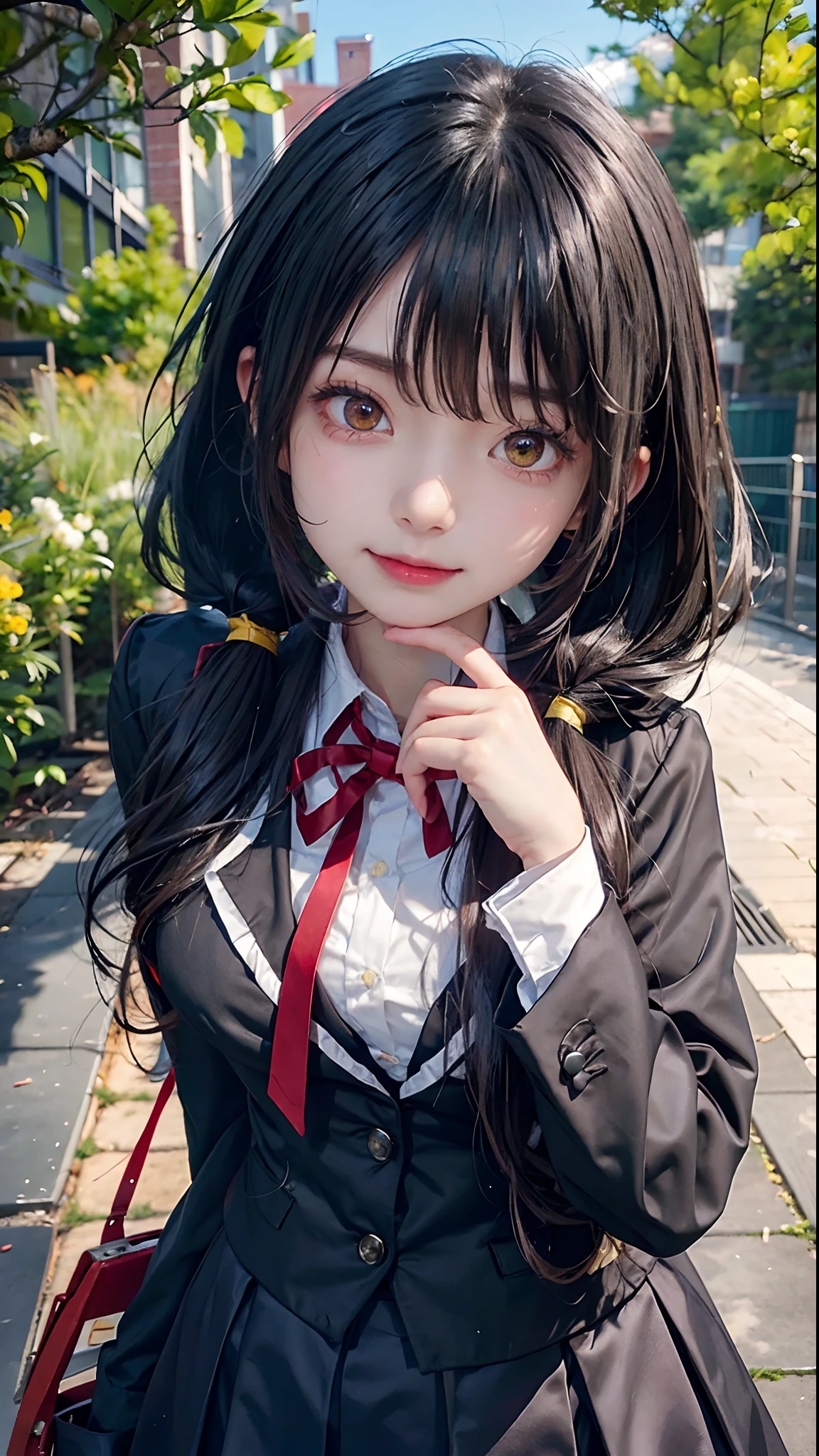 heterochromia, tokisaki kurumi, 1girl, skirt, jacket, twintails, smile, red eyes, solo, yellow eyes, black hair, school uniform, blue skirt, long hair, black jacket, brick wall, pleated skirt, outdoors, hair over one eye, chain-link fence, looking at viewer, fence, brick, tree, blazer, red ribbon, day, breasts, bangs, white shirt, shirt, long sleeves, ribbon, low twintails