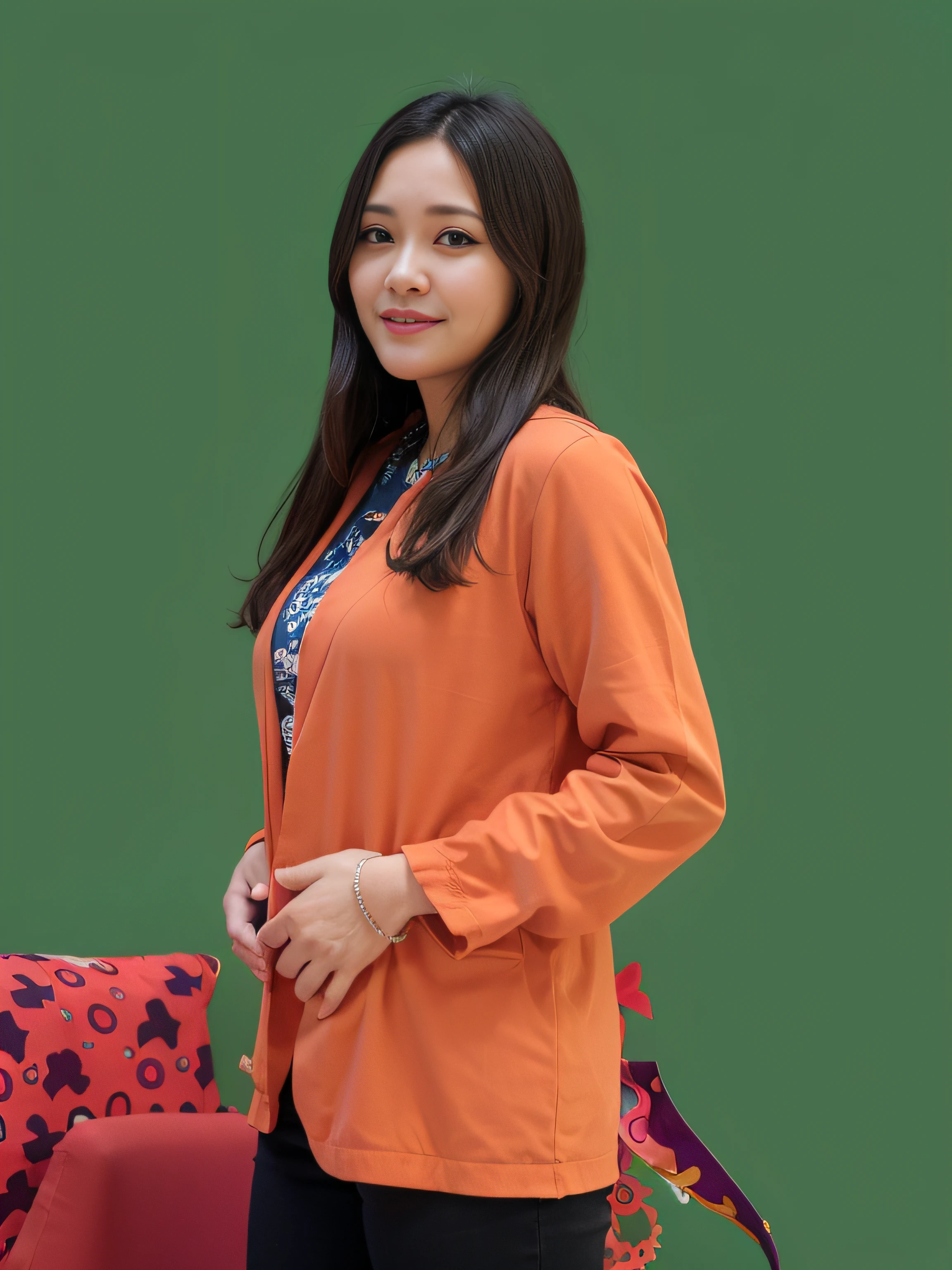 smiling woman in orange jacket standing in front of a red background, in front of an orange background, faridah malik, smooth in _ the background, solid background, photo of a woman, woman model, profile portrait, portrait full body, portrait image, dressed with long fluent clothes, inspired by Basuki Abdullah, Indonesian woman,