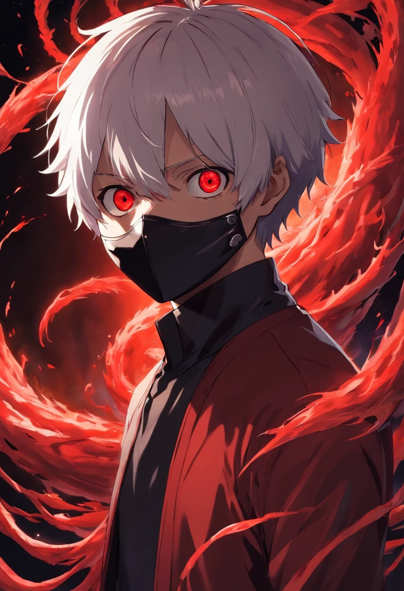 Personagem inspirado em Kaneki Ken com um olho vermelho, Em um fundo escuro neutro, Duas cores de cabelo vermelho e preto