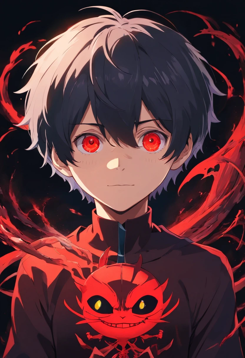 Personagem inspirado em Kaneki Ken com um olho vermelho, Em um fundo escuro neutro, Duas cores de cabelo vermelho e preto