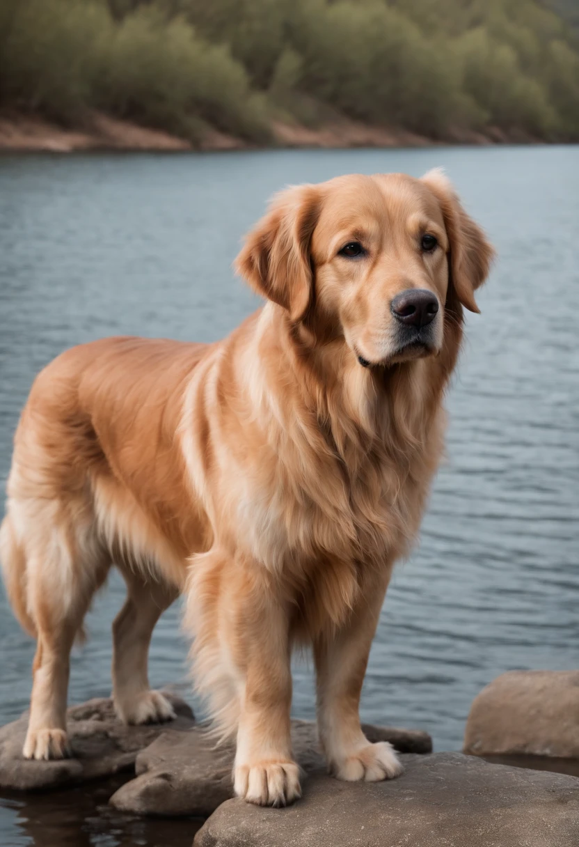 Golden Retriever Dog, surreal, tense, warm, highly detailed, sharp, professional, 8k UHD, movie, dark, violent, outdoor, river, battle, chase, dramatic, vivid, tense atmosphere, rendering, epic, twilight, HDR, album cover, blizzard, Standing on a rock in a river