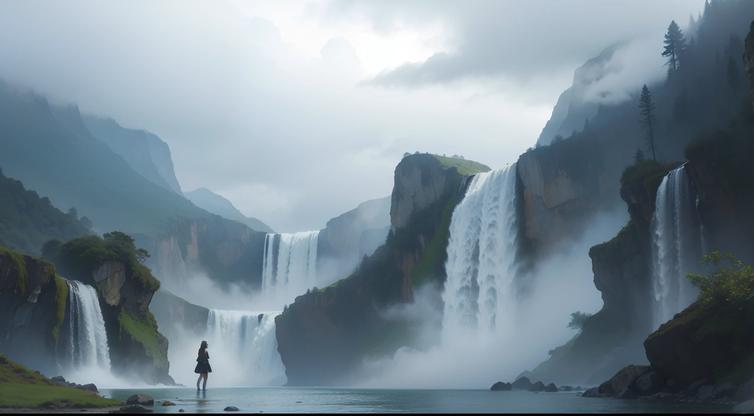 There is a cliff in front，background is waterfall, Waterfall in the distance, Fog from the waterfall, falls, Spectacular, realistic cinematic visuals, There is a terrace in the foreground and a woman in one piece is looking at the waterfall.、No buildings、floating waterfalls, huge waterfall, an endless waterfall, Realistic waterfalls, waterfall in the background, Epic cinematic sense, falls. heavy fog, Ultra-realistic 4K quality, Very wide waterfall