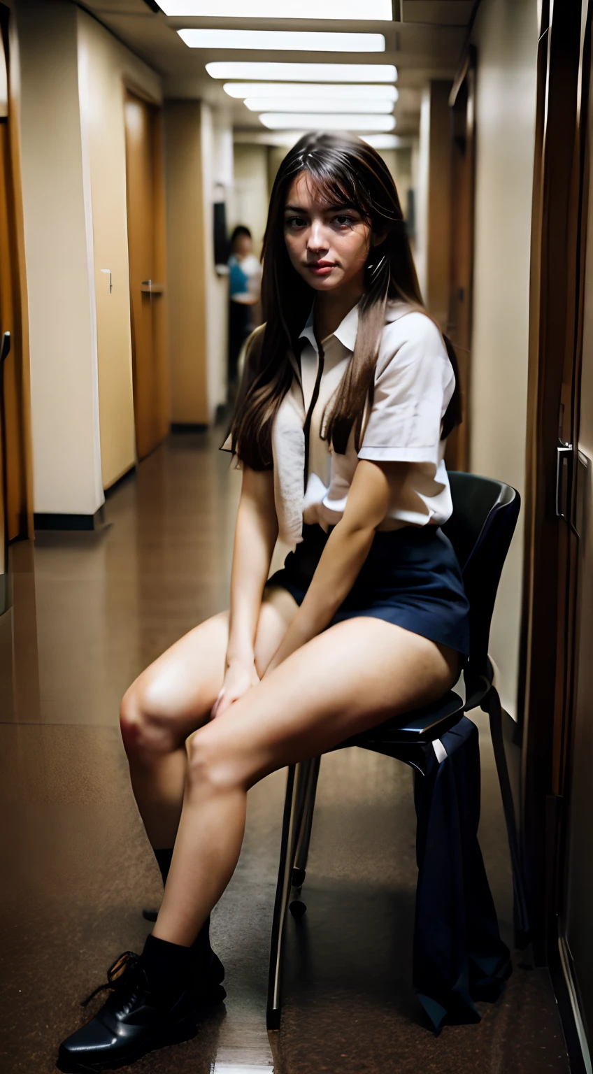 (Medium_shot:1.2), Best Quality, (8K, Raw photo, high angle full body shot,longshot,masutepiece:1.2), (Realistic, Photorealsitic:1.4), Realistic lighting,(1girl in),Japan High School Miniskirt Uniform,Long straight hair,((thighs thighs thighs thighs,groin)),(Slender body,Brown skin),Sitting on a chair in a high school hallway and opening legs