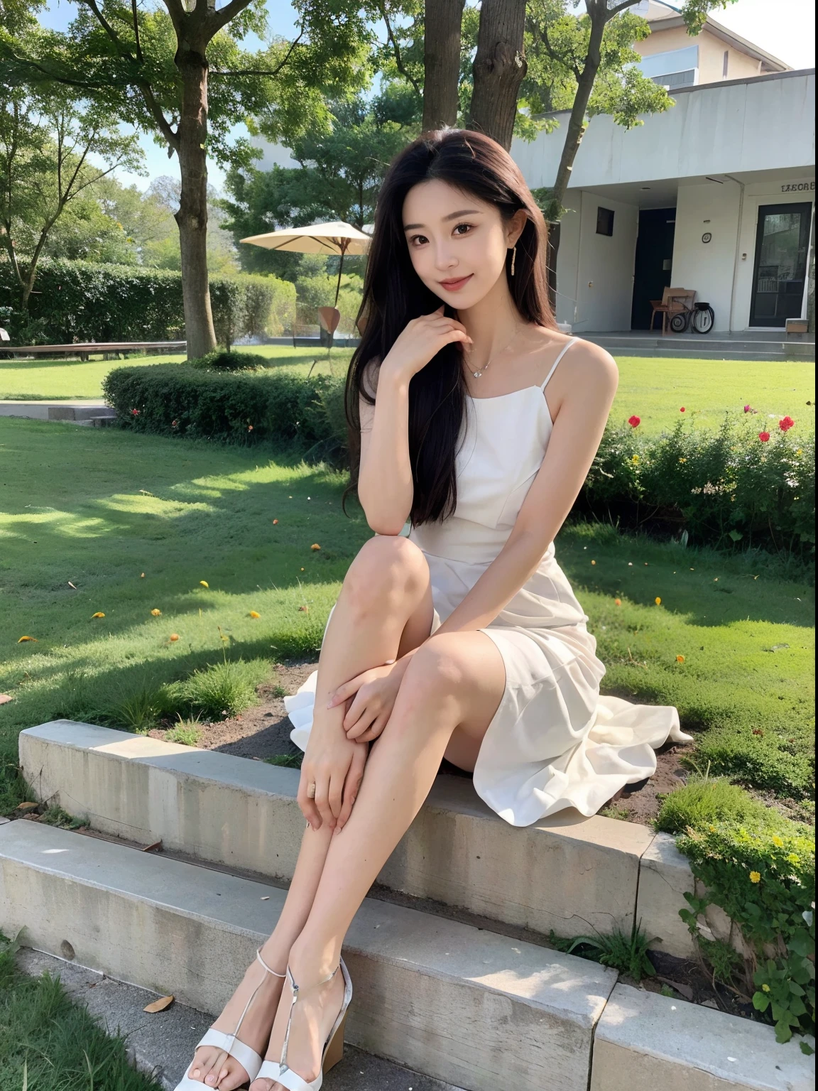 ,Masterpiece, Best quality,8K, 超高分辨率,Reallightandshadow,Cinema lenses,(beautidful eyes:1.1), ((中景 the scene is,The upper part of the body)),dynamicposes,On a green meadow,The gentle goddess came with gentle steps。She wore a white dress,A gentle breeze blows,The skirt dances lightly。The sun shone through the leaves in her hair,Reflecting her clear eyes and gentle smile。Colorful butterflies flutter around her,Flowers bloomed at her feet,It was as if nature was cheering for her。