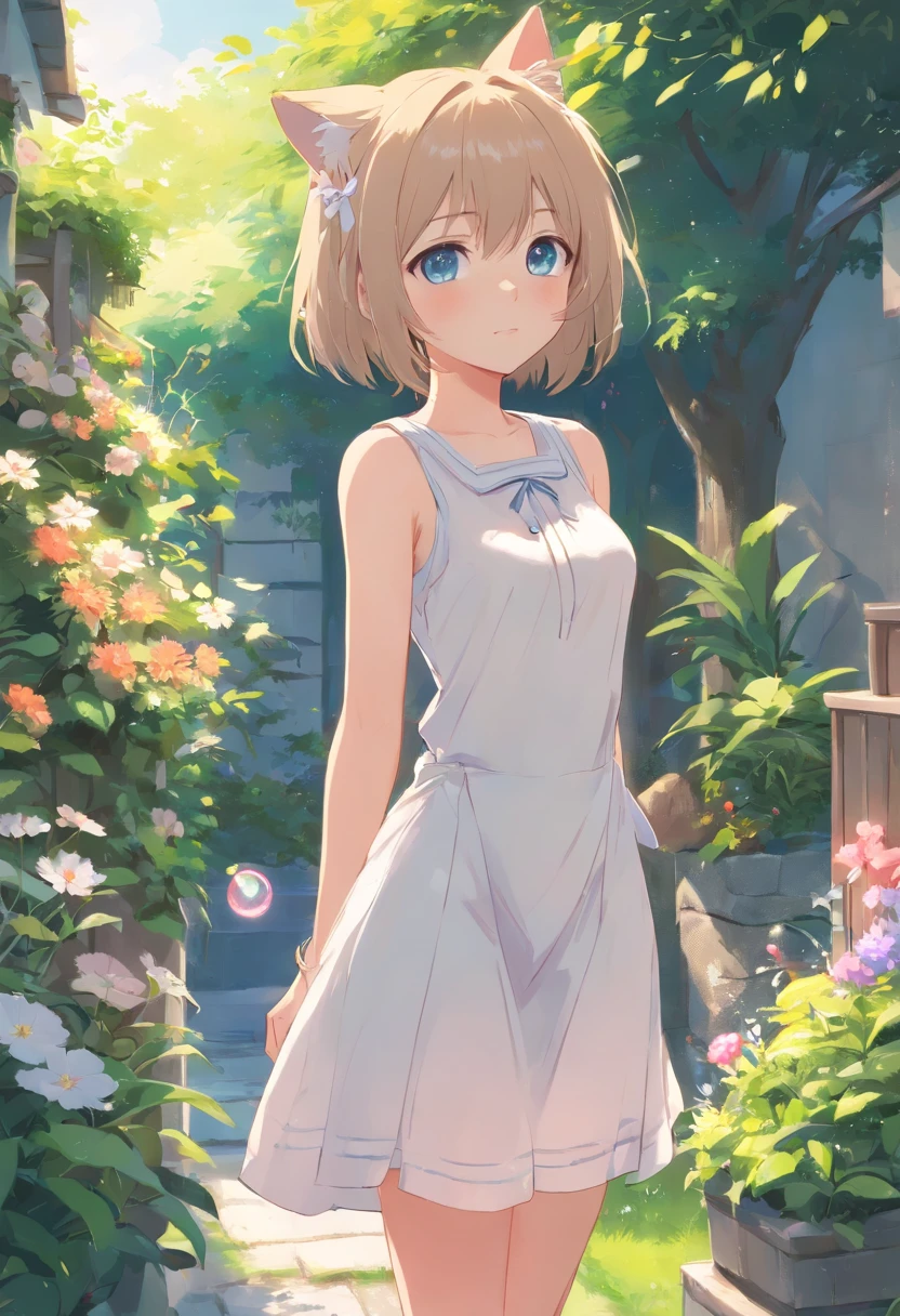 Cat-eared girl in white dress standing in garden, Break,silber hair,eBlue eyes,(((Sleeveless))),Hang laundry to dry,Holding a laundry basket with clothes,loli in dress, small curvaceous loli, Guviz-style artwork, Guweiz in Pixiv ArtStation, Guweiz on ArtStation Pixiv, Guviz, small li girl, Soft anime illustration, Anime visuals of cute girls, Detailed digital anime art