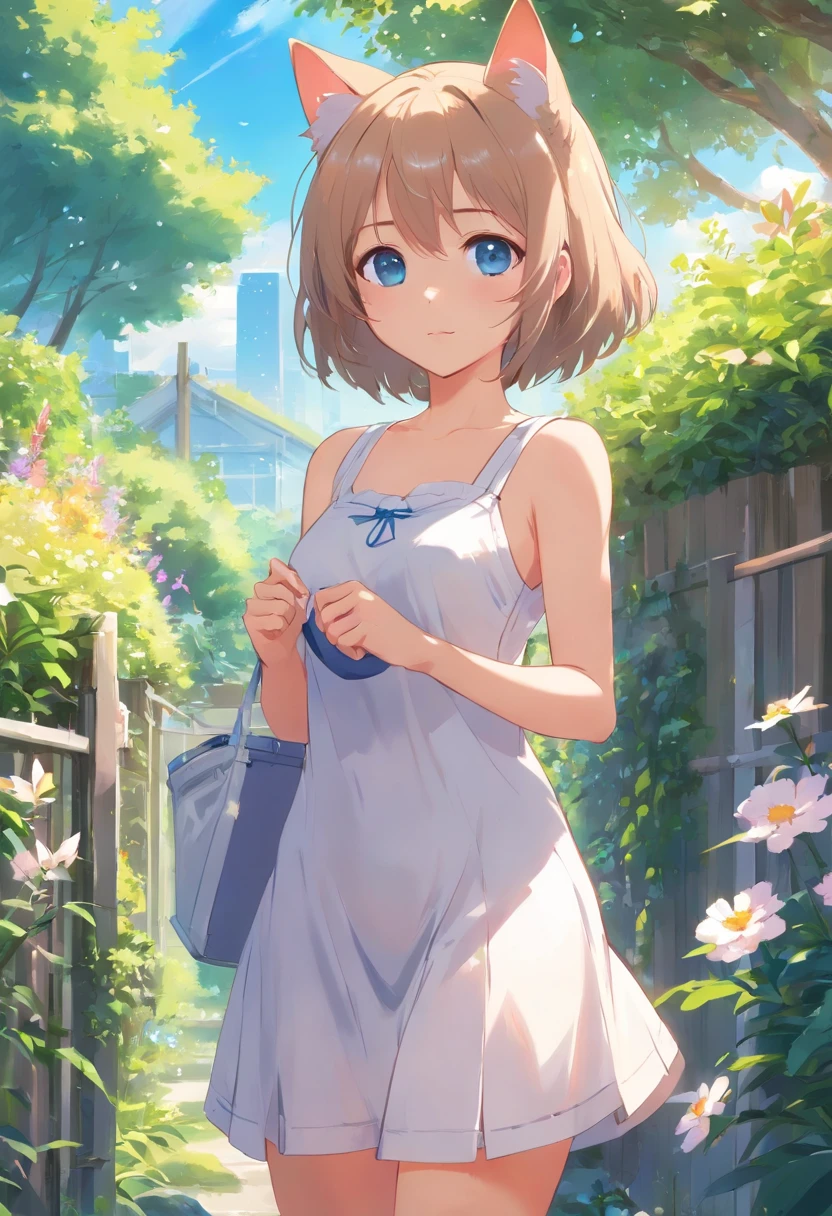 Cat-eared girl in white dress standing in garden, Break，silber hair，eBlue eyes，(((Sleeveless)))，Hang laundry to dry，Holding a laundry basket with clothes， in dress, small curvaceous loliviz-style artwork, Guweiz in Pixiv ArtStation, Guweiz on ArtStation Pixiv, Guviz, small loli giroft anime illustration, Anime visuals of cute girls, Detailed digital anime art