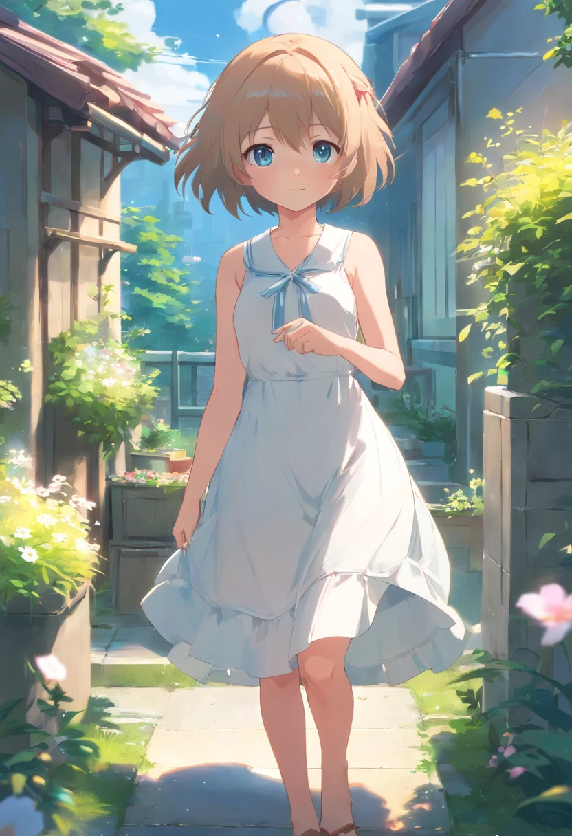 Cat-eared girl in white dress standing in garden, Break,silber hair,eBlue eyes,(((Sleeveless))),Hang laundry to dry,Holding a laundry basket with clothes,loli in dress, small curvaceous loli, Guviz-style artwork, Guweiz in Pixiv ArtStation, Guweiz on ArtStation Pixiv, Guviz, small li girl, Soft anime illustration, Anime visuals of cute girls, Detailed digital anime art