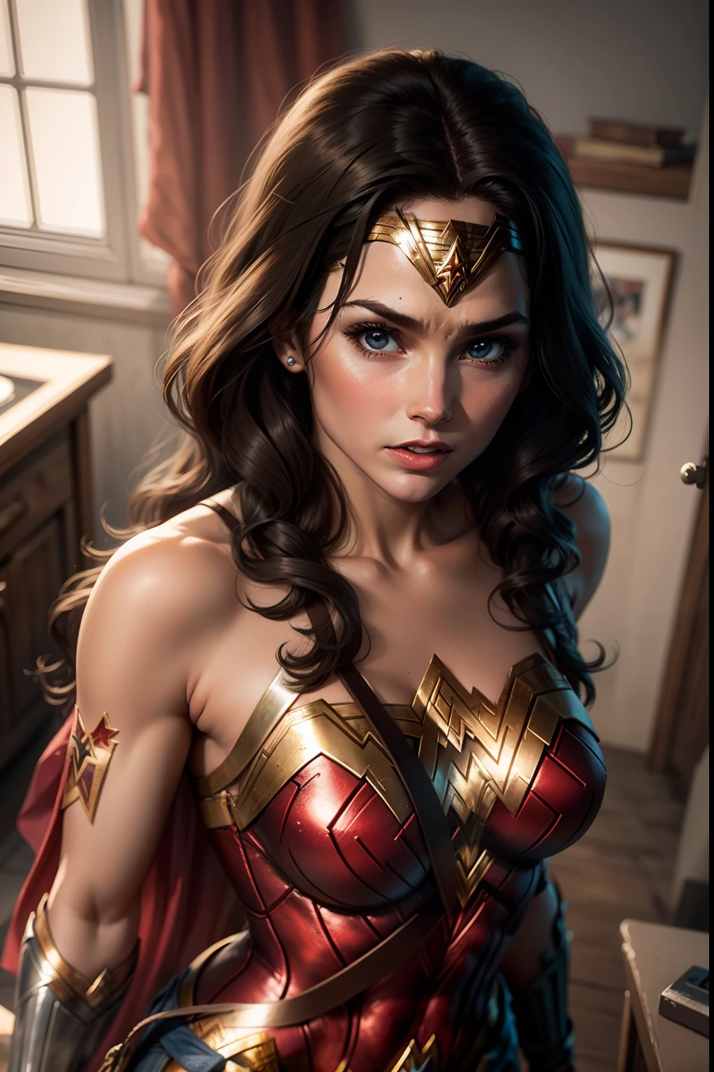 masterpiece, best quality, realistic, photograph, photorealism, hyper-detailed, perfect body, detailed eyes, beautiful girl, wonder woman, cosplay, sexy