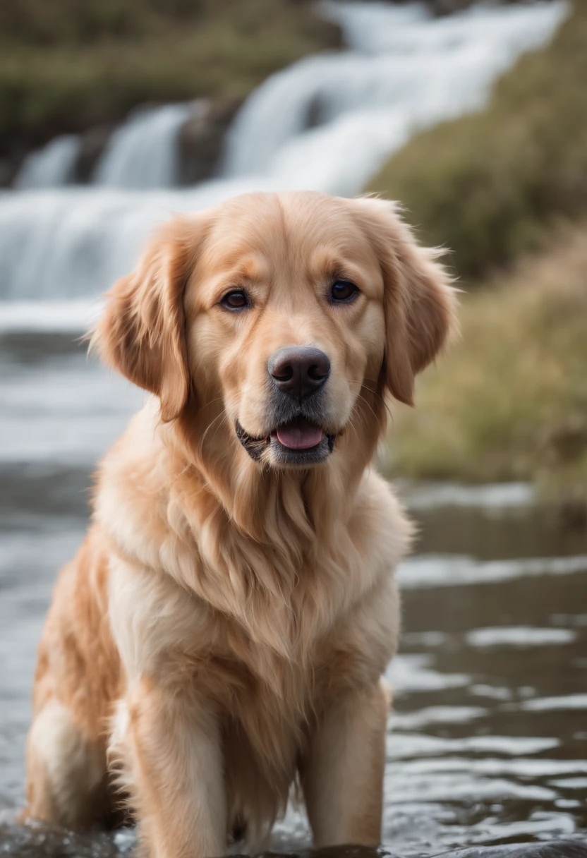 Golden Retriever Dog, surreal, tense, warm, highly detailed, sharp, professional, 8k UHD, movie, dark, violent, outdoor, river, battle, chase, dramatic, vivid, tense atmosphere, rendering, epic, twilight, HDR, album cover, blizzard, Standing on a rock in a river wearing a gold and diamond chain that says ICT