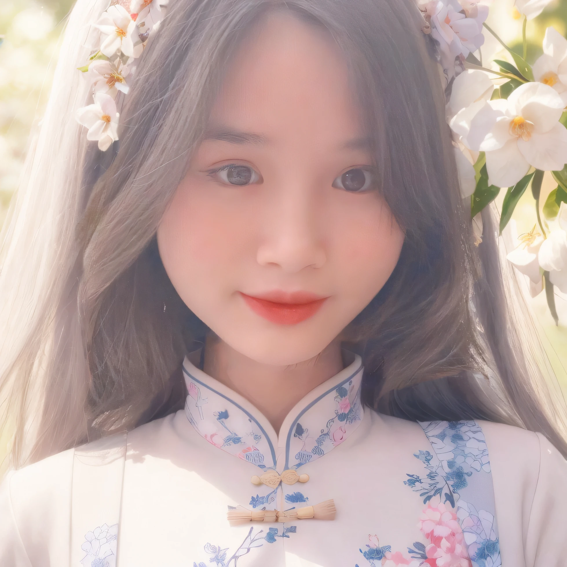 Ancient Chinese clothing，white apparel，The garment is a pink floral pattern，ancient china art style，Fashion model 18 years old [[[[closeup cleavage]]]], [[[[boobgasm]]]], [[[[coll]]]], [[[[bshoulders]]]], perfect eyes, Perfect iris，Perfect lips，perfect teeth，Perfect skin，with fair skin，Soft front light，hdr，Movie girl，long whitr hair，The expression was melancholy，The background is outdoor，Light blue flowers，4K Ultra HD, 超高分辨率, (Photorealistic: 1.4), Best quality，Masterpiece，Utra dilution，（pastel colour：1.2）