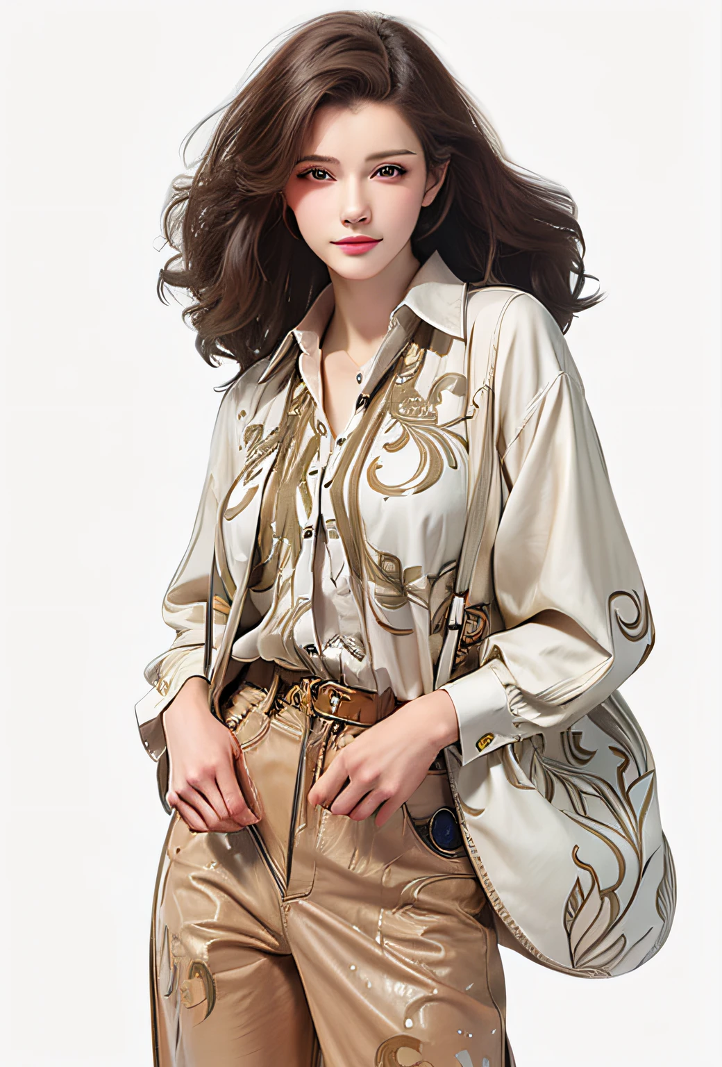 Illustration of a woman in a white shirt and tan pants, Digital illustration style, City Girl Fan Art, illustration style, Trends in Artstration, Cartoon style illustration, Full-color painting, Manga drawing style, in the art style of bowater, Highly detailed character design, Style by Charlie Bowater, Beautiful painting style, Cartoon art style, The style of Charlie Bowater