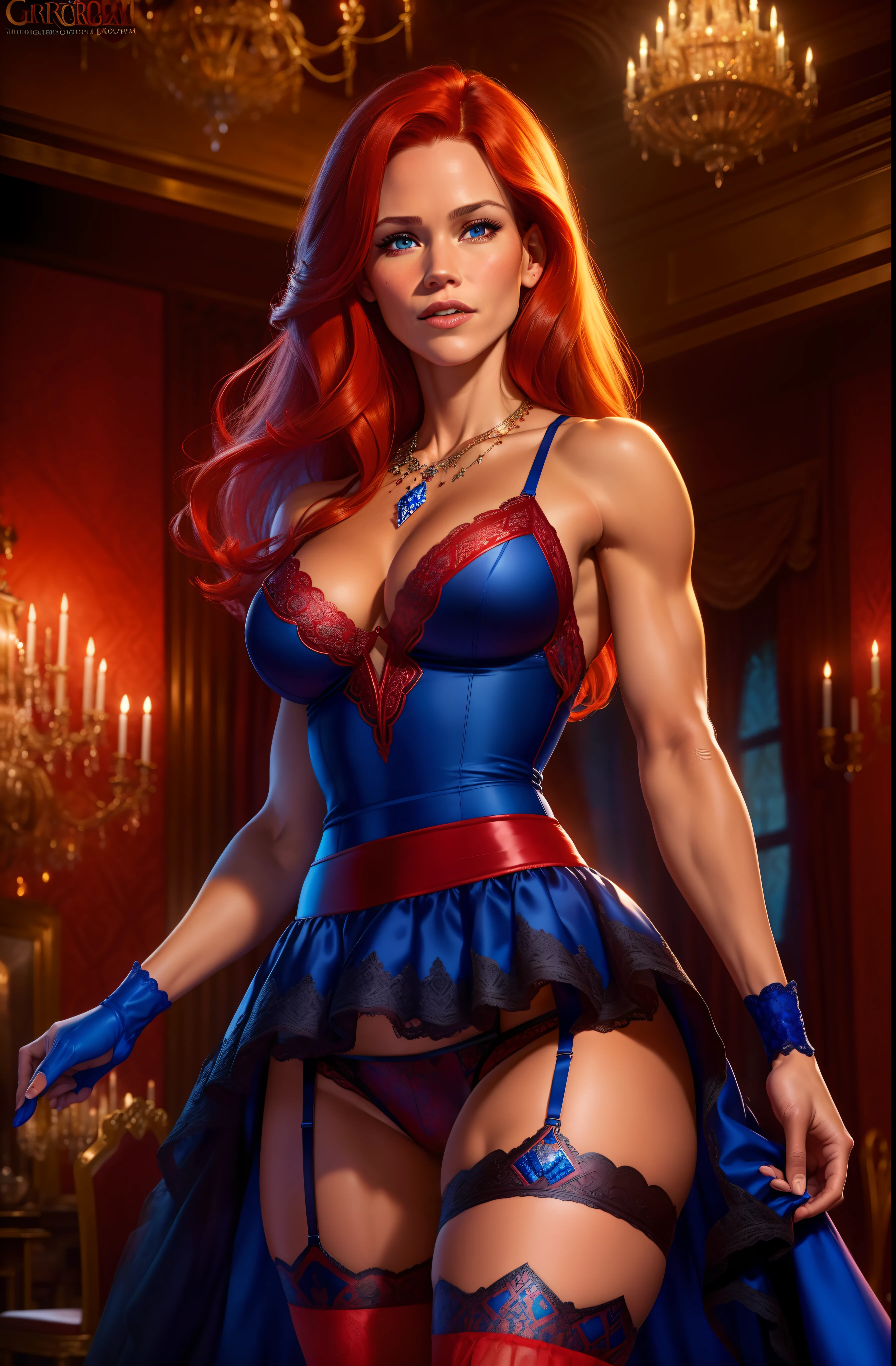 Jennifer Garner in a red and black intricate lace evening dress, ((red hair)), ((defined muscles)), ((athletic build)), ((dark tan)), lots of cleavage, thigh showing, underwear showing, ((in an ancient castle ballroom)), ((intricate diamond necklace)), ((Very colorful background)), (((garters))), (((cobalt blue eyes)))