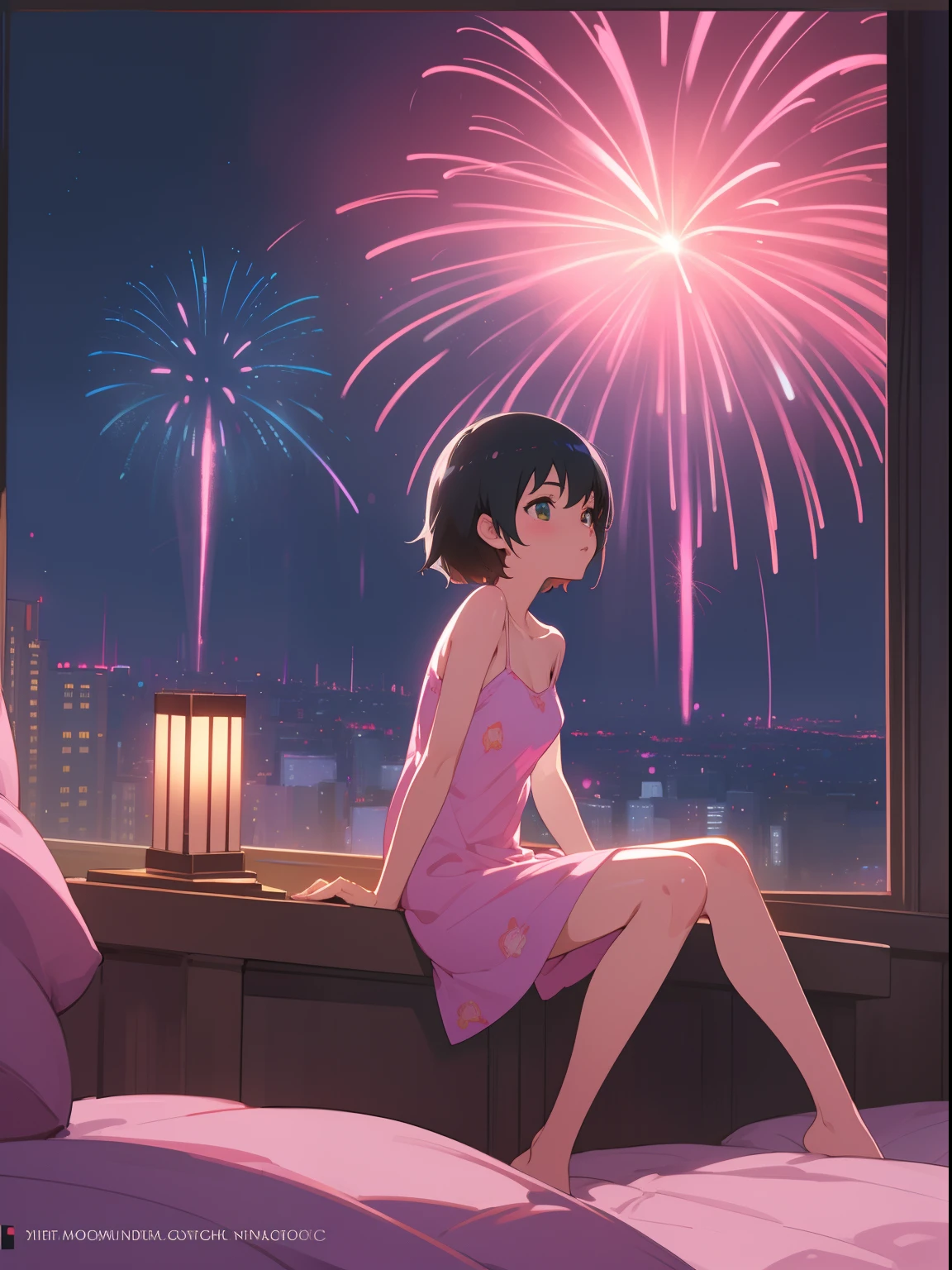 1girl, camisole, navel, sitting, from side, (( in pink bedroom)), dark environtment, big window open at fireworks, city background, fireworks, [ fireworks in the sky ]!!, fireworks, fireworks in the background, anime art wallpaper 4 k, anime art wallpaper 4k, anime background art, anime art wallpaper 8 k, anime style 4 k, Hyper lofi, makoto shinkai, cyril rolando