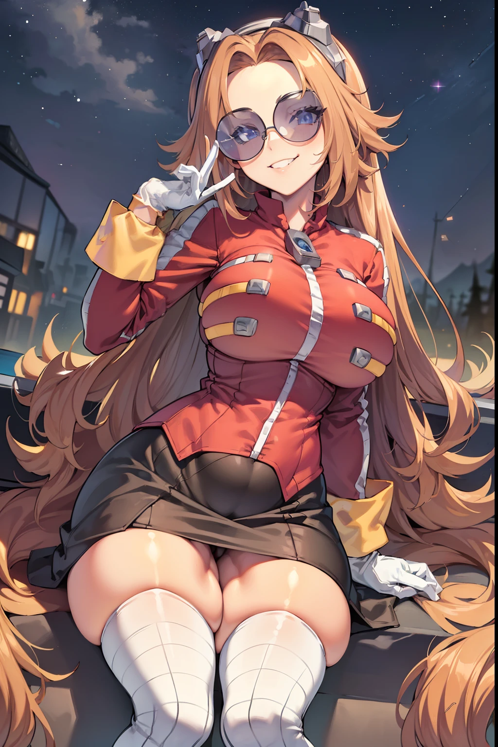 (masterpiece, best quality:1.2), eggmaam, looking at viewer, smile, skirt, thighhighs, gloves, detailed night sky, moonlight, cinema camera, jacket, thighs, glasses, teeth, black thighhighs, white gloves, black skirt, orange hair, grin, (large breasts:1.6), thick thighs, goggles, tinted eyewear, blue-tinted eyewear