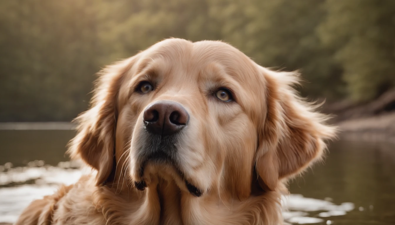 Golden Retriever Dog with Blue Eyes, surreal, tense, warm, highly detailed, sharp, professional, 8k UHD, movie, dark, violent, outdoor, river, battle, chase, dramatic, vivid, tense atmosphere, rendering, epic, twilight, HDR, album cover, blizzard, Standing on a rock in a river