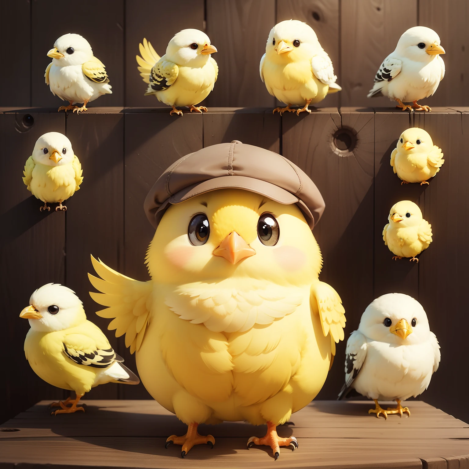 Chick、birdie、Yellow all over、round head、Round body、Round character design、illustratio、friendly、adorable eyes、fluffy plumage