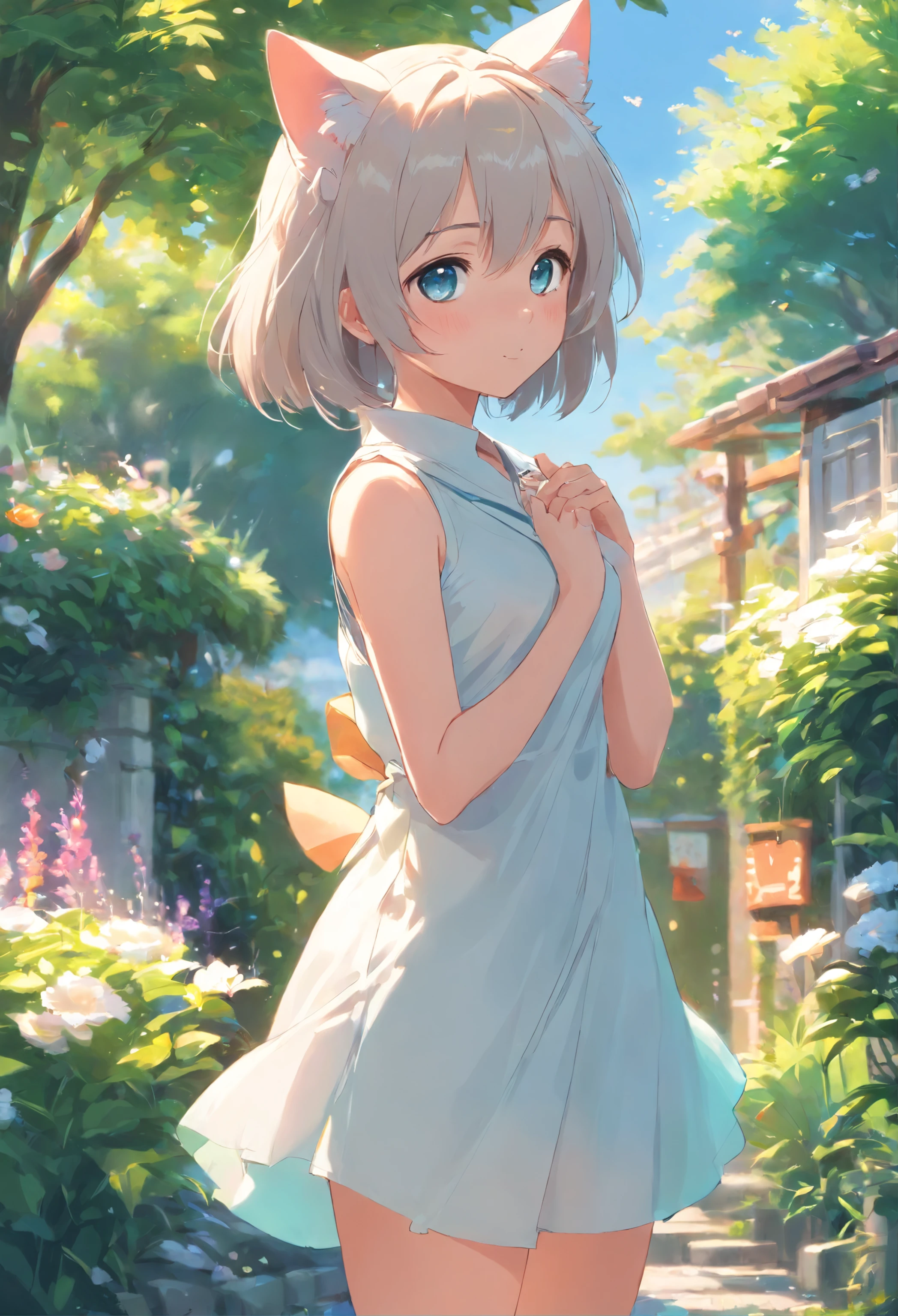 Cat-eared girl in white dress standing in garden, Break,silber hair,eBlue eyes,(((Sleeveless))),Hang laundry to dry,Holding a laundry basket with clothes,loli in dress, small curvaceous loli, Guviz-style artwork, Guweiz in Pixiv ArtStation, Guweiz on ArtStation Pixiv, Guviz, small loli girl, Soft anime illustration, Anime visuals of cute girls, Detailed digital anime art