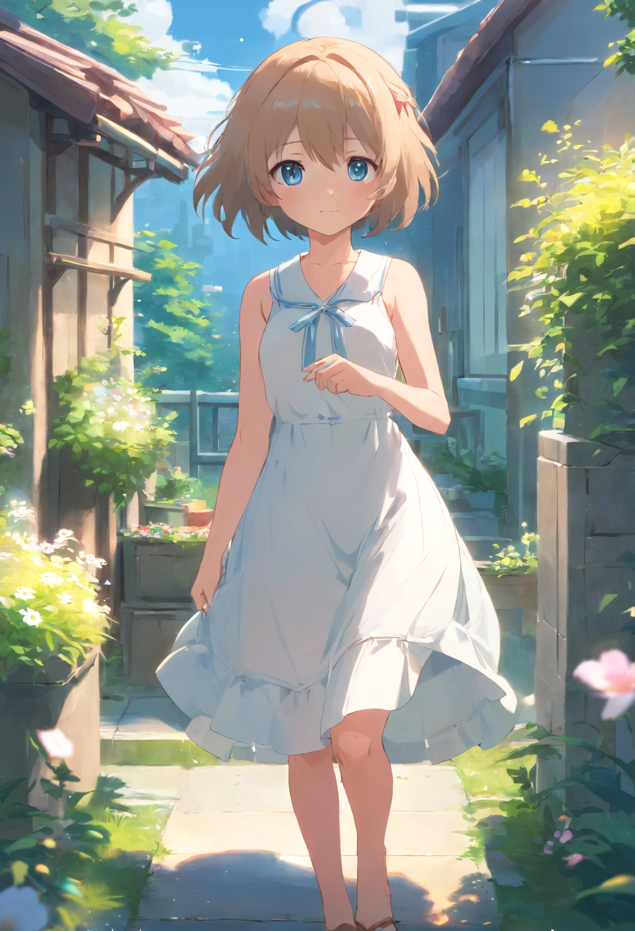 Cat-eared girl in white dress standing in garden, Break,silber hair,eBlue eyes,(((Sleeveless))),Hang laundry to dry,Holding a laundry basket with clothes,loli in dress, small curvaceous loli, Guviz-style artwork, Guweiz in Pixiv ArtStation, Guweiz on ArtStation Pixiv, Guviz, small loli girl, Soft anime illustration, Anime visuals of cute girls, Detailed digital anime art