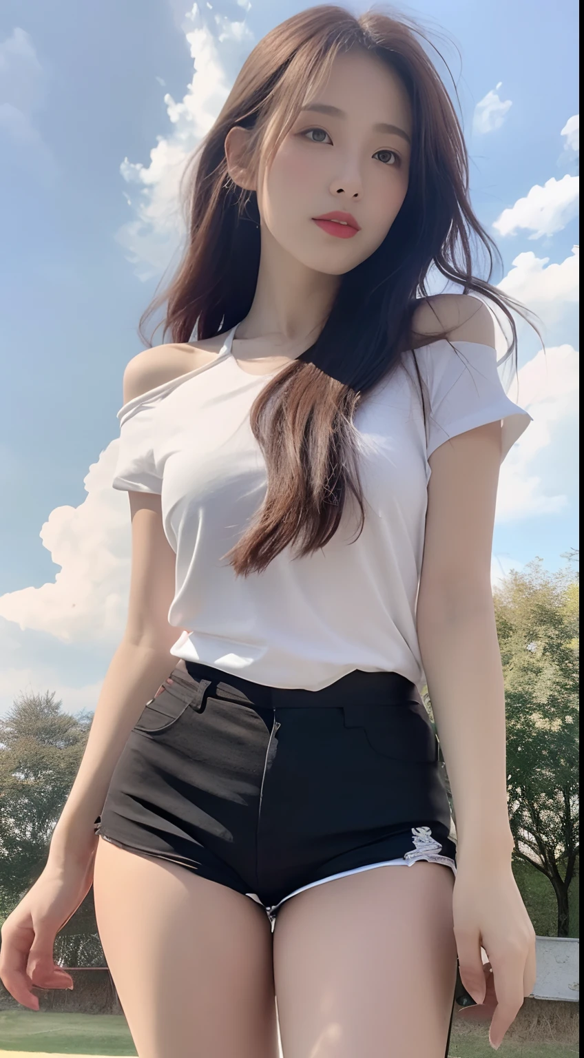 ((Best Quality, 8K, Masterpiece:1.3)), A beautiful girl, pure, melon face, gentle and cute, sweet smile, pure desire, thin figure, (frontal), (tilted head), looking directly at the camera, uniform, obi, formal, black silky long straight hair, long hair flowing over the shoulders, round black big eyes, clear big eyes, moist red lips, sweet, sitting on the side of the road, blue sky and white clouds, grass, buildings,