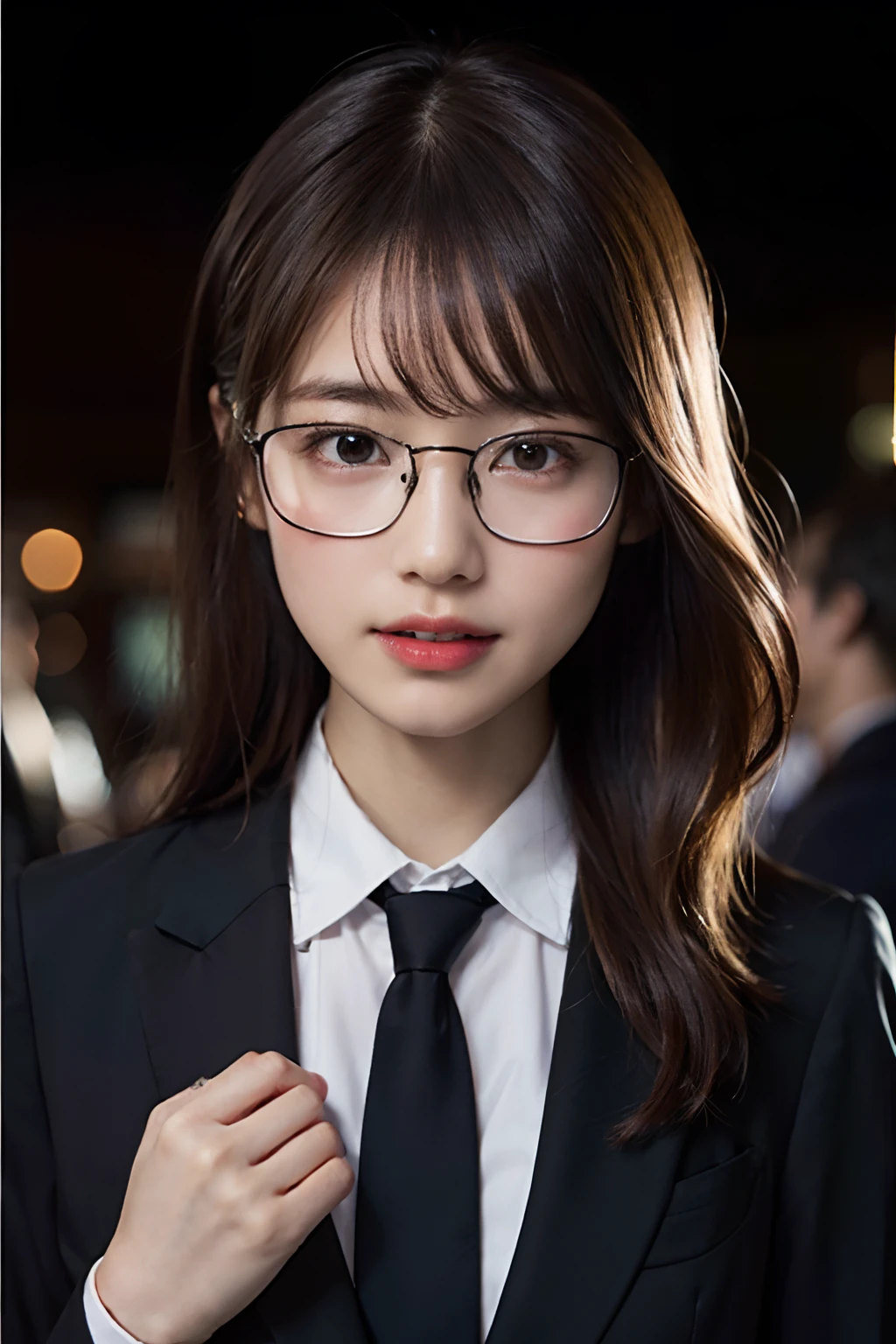 (8K、Raw photography、top-quality、masterpiece:1.2)、(realisitic、Photorealsitic:1.37)、ultra-detailliert、超A high resolution、女の子1人、see the beholder、beautifull detailed face、A smile with a little visible teeth、Constriction、(Slim waist) :1.3)、((Wearing a suit))、Beautiful detailed skin、Skin Texture、Floating hair、((Tie your hair together))、large breasts with good shape、Professional Lighting、Autumn twilight、book library、(((Black square glasses )))、Whole human body、Black hair、((Shameful appearance))、Holding a book、