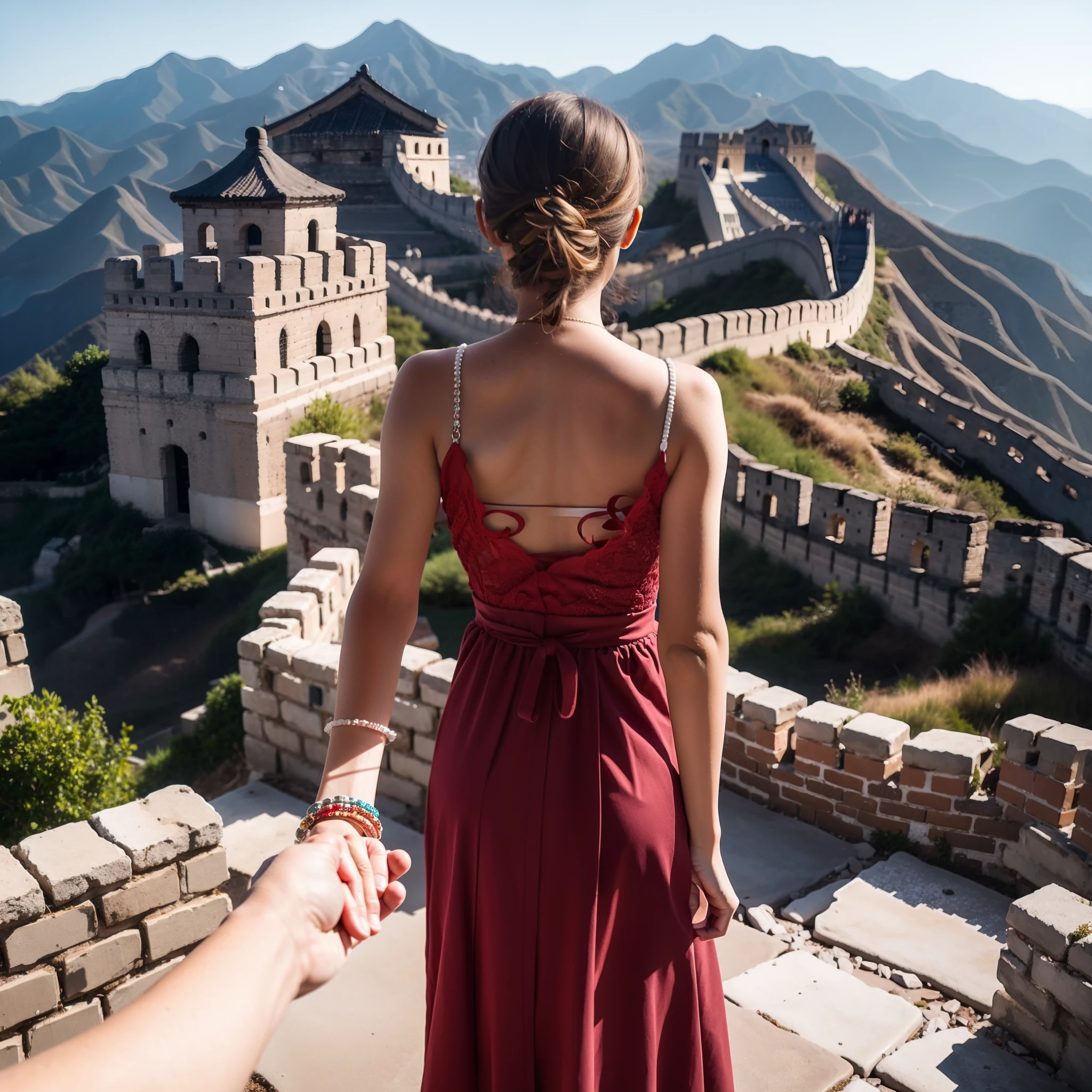 1girll，ultra - detailed，A high resolution，tmasterpiece，By_Style，bf_Holding_Hands，1 Girl holding hands with audience，Take a walk on the Great Wall