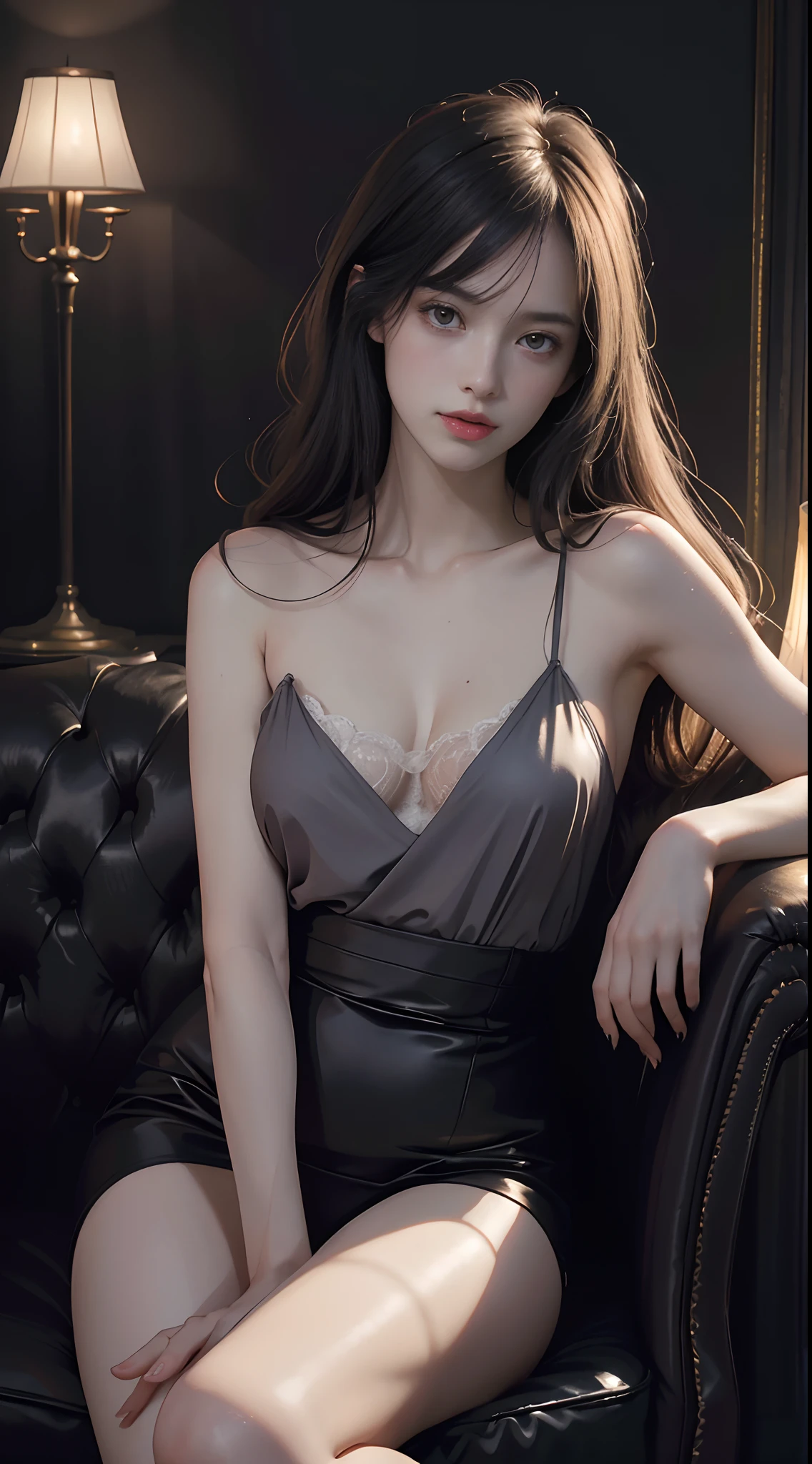((You may be one person to the world but you may also be the world to one person, paradox, Adrian Ghenie, jenny saville, edward hopper, dark art by James Jean, Takato Yamamoto)),(RAW photo, best quality), ((Nostalgia,1980s syle)),(A girl with a literary atmosphere:1.2),(realistic, photo-realistic:1.3), extremely delicate and beautiful, Amazing, finely detail, masterpiece, ultra-detailed, highres,best illustration, best shadow,intricate,depth of field,1girl,(long legs:1.4),long hair,messy hair,((((low key,dark scene,dimly lit)))),fat,(((soft lighting:1.4))),(pale skin:1.4),(shy smile),(cinematic angle),sharp focus, volumetric fog, 8k UHD, DSLR, high quality,( film grain:1.4), Fujifilm XT3,(looking at viewer)