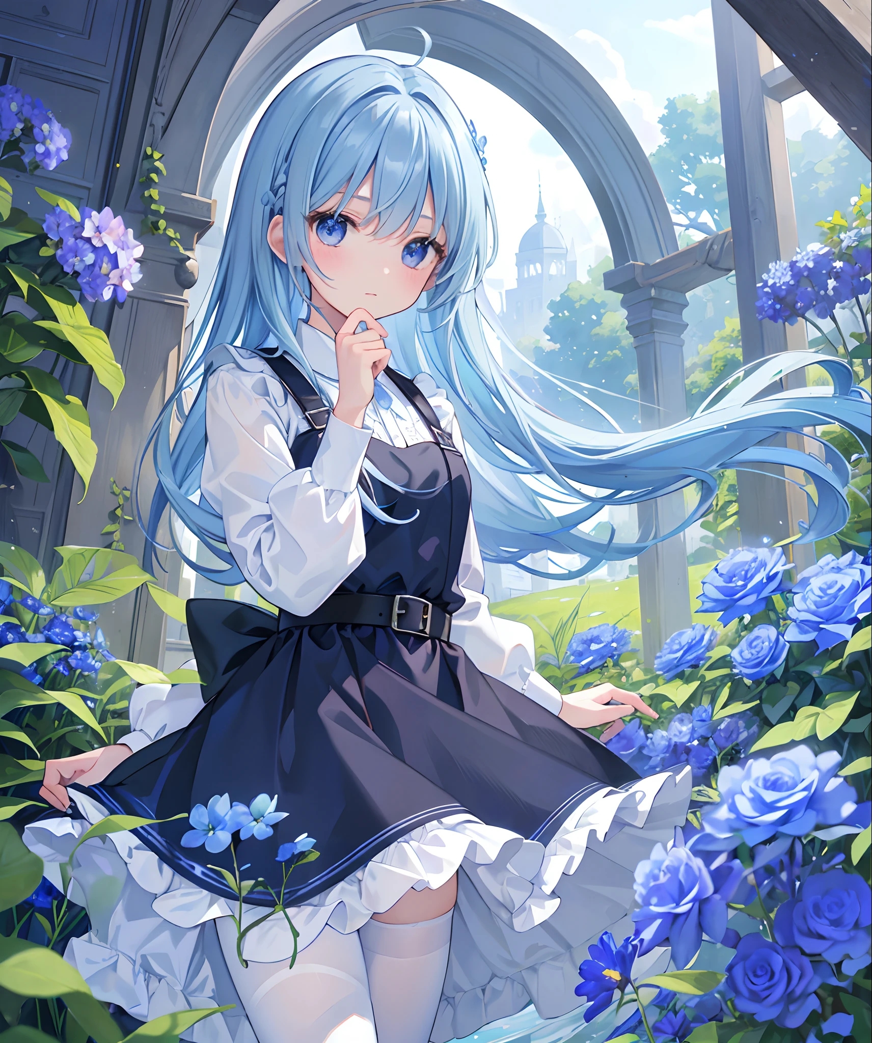 (​masterpiece、top-quality)、Field of blue plants and flowers、light blue hair of medium length,、Warm moonlight、blurred foreground、river bank、Black eyes、frilld、Light Blue Alice Dress、white tights、garterbelts、Face Highlights