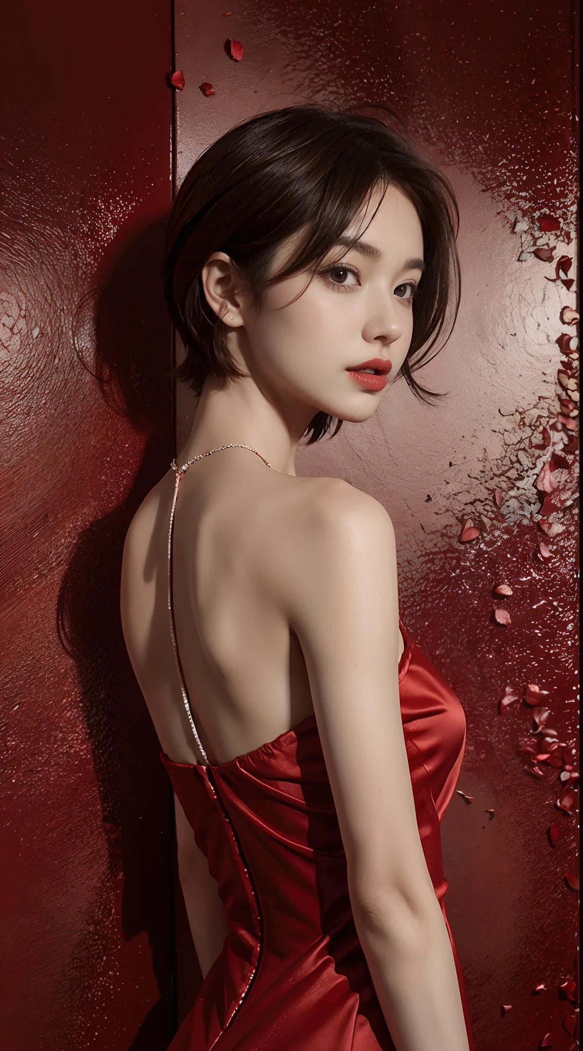 a girl wearing a dress made of red Rose petals,Shoulder length straight short hair, slim, small breasts