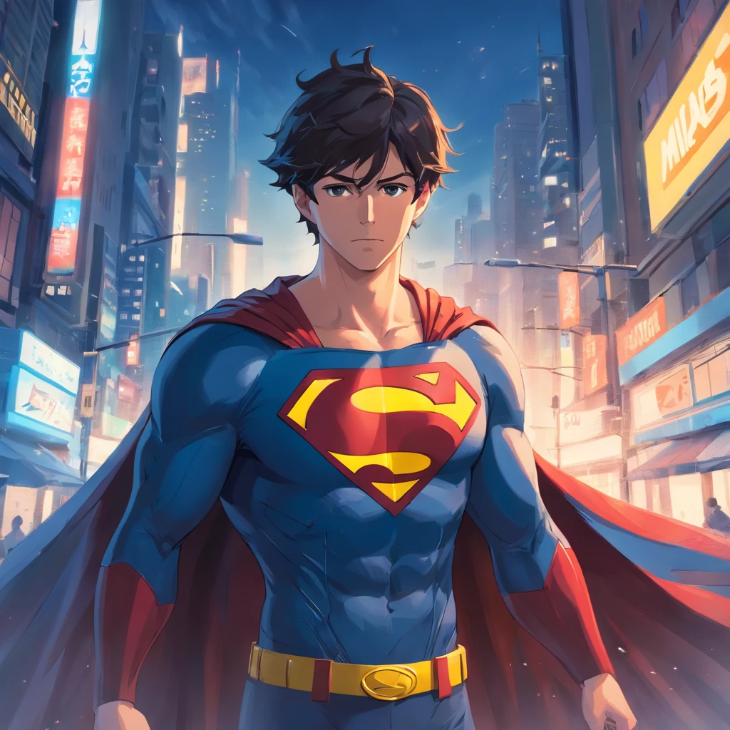 Homem,Telhado,Roupas do Batman,Capa do Superman,On the chest is a fusion version of the Superman logo and the Batman logo,raios de luar,nigth