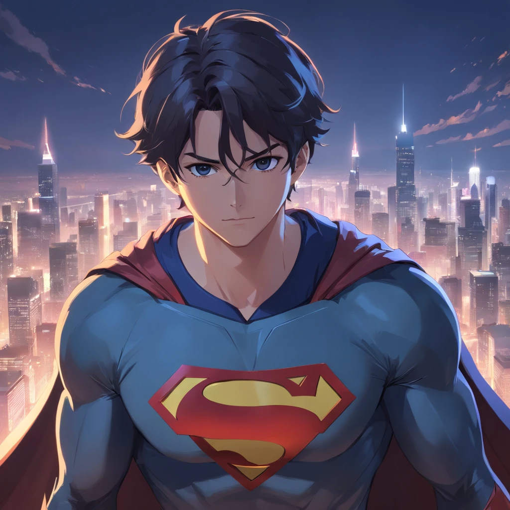 Homem,Telhado,Roupas do Batman,Capa do Superman,On the chest is a fusion version of the Superman logo and the Batman logo,raios de luar,nigth