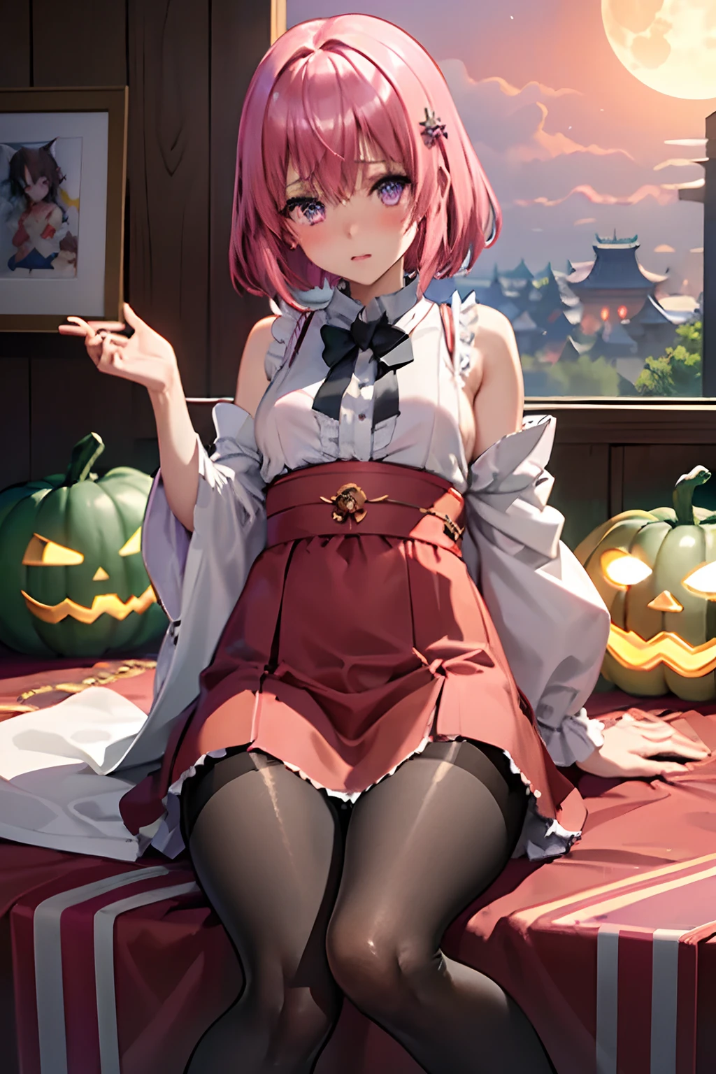 (top-quality:1.1), (masterpiece:1.4), (absurderes:1.0), portlate, a closeup,
1girl in、Momovelia Deviluk、hair adornments、bob cuts、Shorthair pink hair、a purple eye、Medium chest、((shrine maiden clothe))、looking at the viewers、Bedroom、(red blush:1.2)、embarassed expression、(((pantyhose)))、black backgrounds、((a miniskirt))、((Opening legs))、long boots、Pumpkin Lantern、fullmoon、(Exorcist)