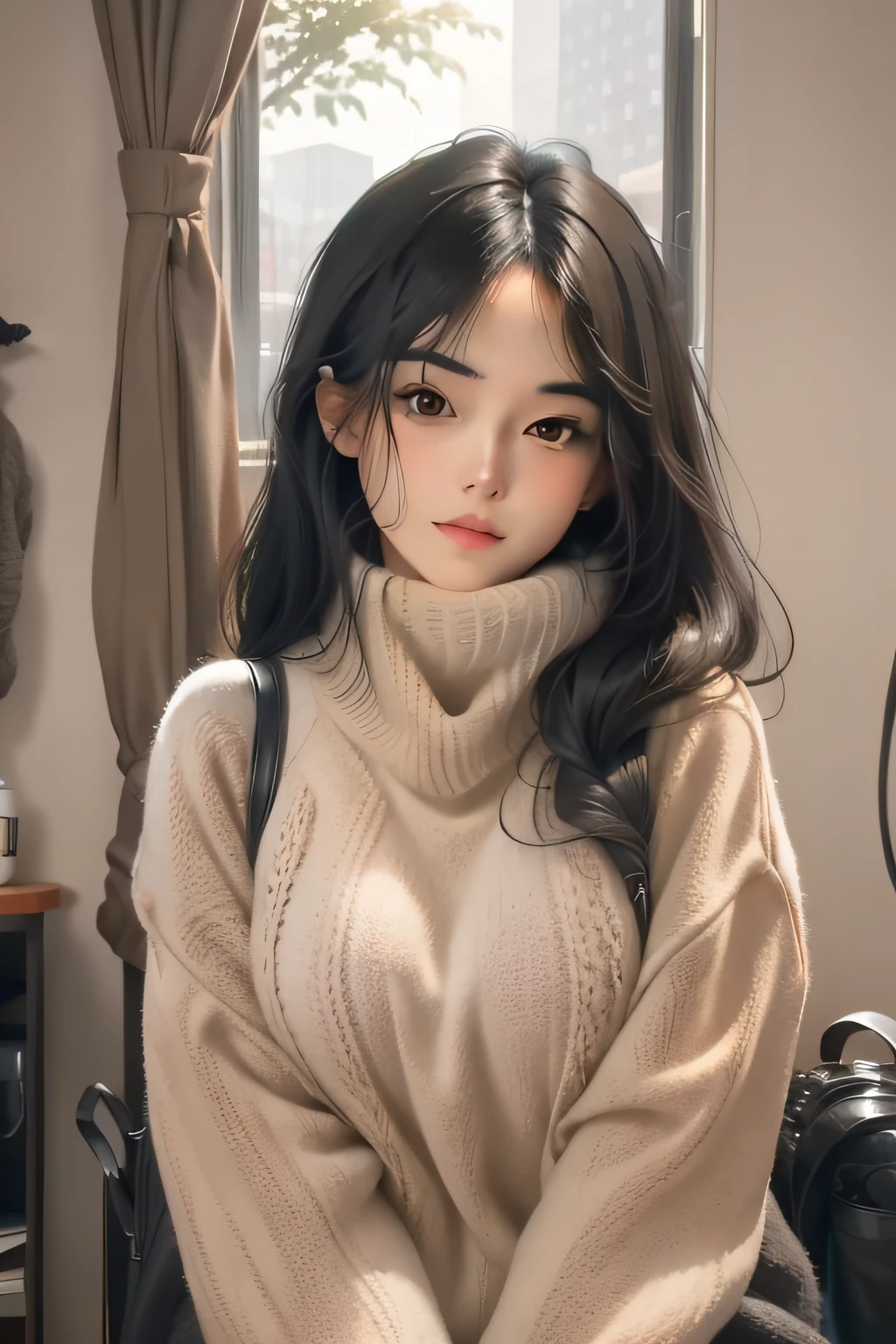 A woman with jet-black hair and an oval-shaped face. Her eyes resemble those of a cat, exuding a hint of cuteness. She boasts a generously sized bust and is adorned in a knit sweater. Medium: Photorealistic digital photography. Style: Inspired by classic Japanese beauty standards with a touch of modern fashion. Lighting: Soft, natural daylight filtering through a window, casting a gentle glow on her face. Colors: Earthy tones, with a focus on the deep black of her hair and the warm hue of her knitwear. Composition: Shot using a Canon EOS 5D Mark IV DSLR camera, EF 85mm f/1.8 lens, resolution 30.4 megapixels, ISO sensitivity: 100, shutter speed 1/125 second, with a focus on her face and upper body, capturing the intricate details of her features and attire. --ar 16:9 --v 5.1 --style raw --q 2 --s 750