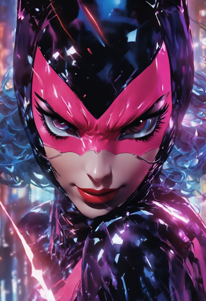 3:4 body length, half body length, a stunningly beautiful female Demonic "Catwoman", wearing glossy latex Catwoman mask and cowl, corrupted symbiote suit, abstract, dreamy, highly detailed photorealistic shattered glass pieces, past to future, digital grid effects, complicated environment, distortion, painted by Artgerm and yoji shinkawa and Hyung - tae Kim, wide angle, "perfectly shaded", extremely perfect facial detail, 32k, cinematic lighting, depth of field vray, volumetric lighting, centered - shot, dynamic pose, Post - Production, professional color grading --niji 5 --style expressive