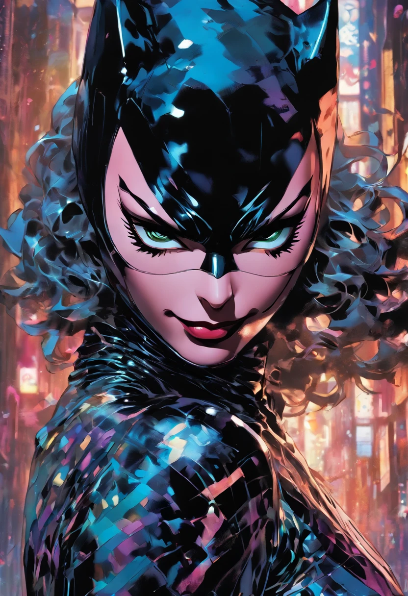 3:4 body length, half body length, a stunningly beautiful female Demonic "Catwoman", wearing glossy latex Catwoman mask and cowl, corrupted symbiote suit, abstract, dreamy, highly detailed photorealistic shattered glass pieces, past to future, digital grid effects, complicated environment, distortion, painted by Artgerm and yoji shinkawa and Hyung - tae Kim, wide angle, "perfectly shaded", extremely perfect facial detail, 32k, cinematic lighting, depth of field vray, volumetric lighting, centered - shot, dynamic pose, Post - Production, professional color grading --niji 5 --style expressive