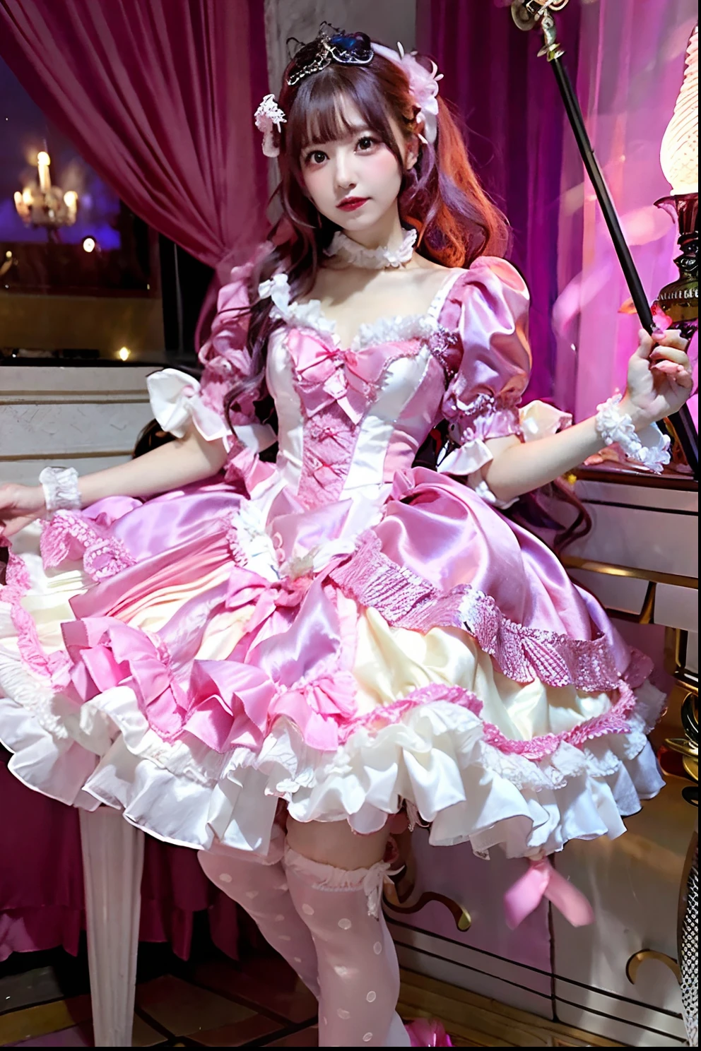 Pink satin dress with cane and crown arafe, fantasy dress, magical dress, dreamy style, very magical and dreamy, ta Fashion, ethereal fairy tale, fairycore, fantasy outfit, wearing fantasy formal clothing, angelic pretty, dreamy and detailed, Lolityle, fantasy style clothing, rococo dress, Fantasy aesthetics!, romantic dress