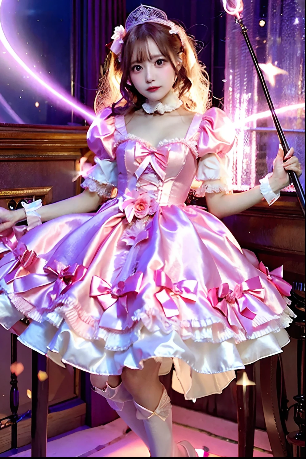 Pink satin dress with cane and crown arafe, fantasy dress, magical dress, dreamy style, very magical and dreamy, ****ta Fashion, ethereal fairy tale, fairycore, fantasy outfit, wearing fantasy formal clothing, angelic pretty, dreamy and detailed, ****ta style, fantasy style clothing, rococo dress, Fantasy aesthetics!, romantic dress