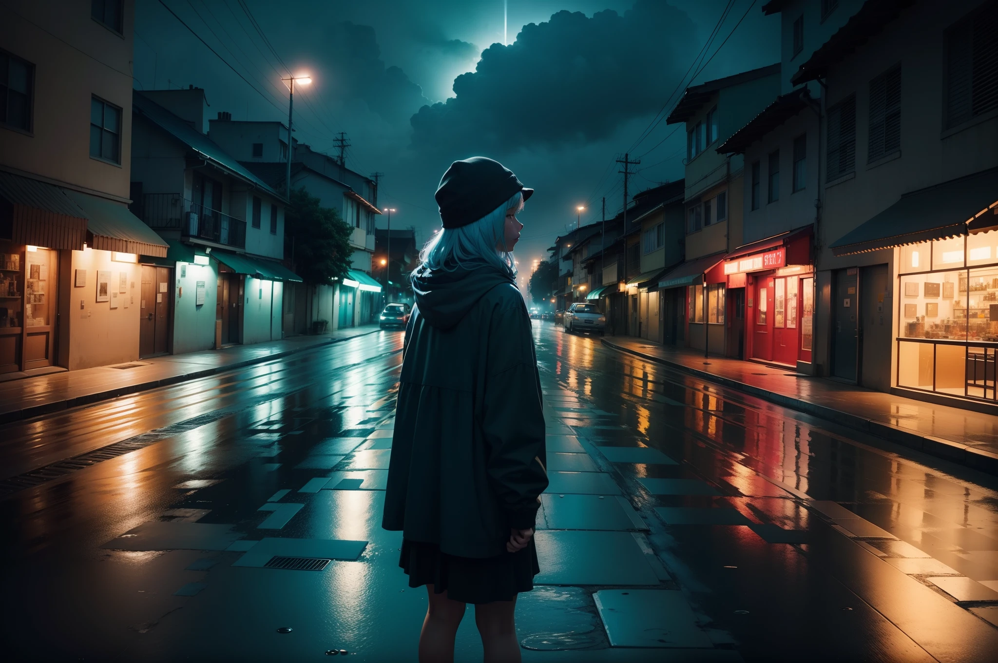 Create a lo-fi music album cover with the title 'Night Rain'. A capa deve ter uma atmosfera tranquila e noturna, com tons escuros e misteriosos. It should represent the idea of rain falling gently at night. Inclua elementos como uma janela com gotas de chuva escorrendo pelo vidro, A city in the distance illuminated by street lights, e um personagem ou silhueta contemplando a chuva. A paleta de cores deve ser dominada por tons de azul escuro e preto, com destaques suaves de amarelo e branco. The typography of the title 'Night Rain' should be calm and complement the atmosphere of the cover. Make sure the cover conveys a sense of serenity and nostalgia that is typical of lo-fi music