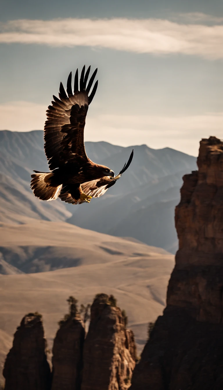 A fierce golden eagle, wings outstretched, soaring high above the rugged cliffs of a mountain range, sunlight casting dramatic shadows, vast expanse of untouched wilderness below, evoking a sense of freedom and power, Photography, telephoto lens (300mm)