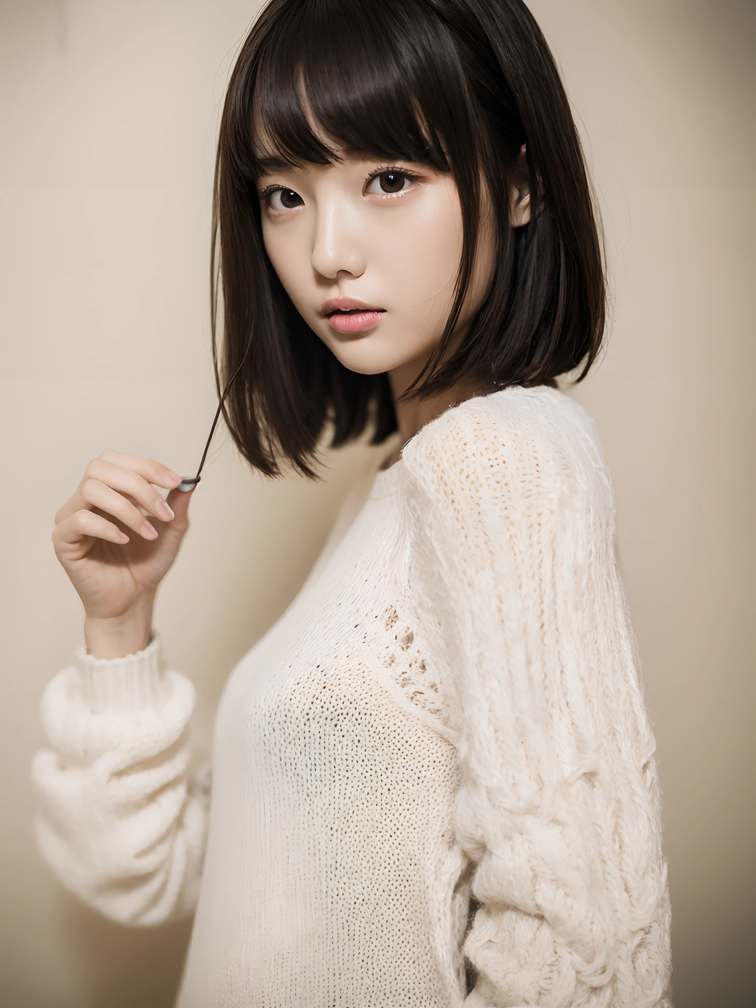 hightquality、​masterpiece、hight resolution、1girl in、独奏、Raw photo、Real person、Detailed skin、japanes、A dark-haired、thin bunches of bangs、short-hair、Floating hair、fullllbody,knit、white walls、drapes