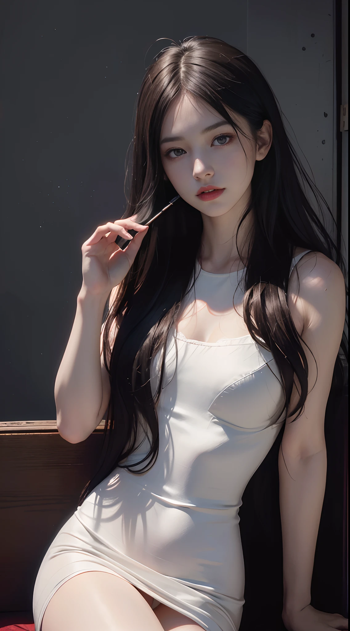 ((You may be one person to the world but you may also be the world to one person, paradox, Adrian Ghenie, jenny saville, edward hopper, dark art by James Jean, Takato Yamamoto)),(RAW photo, best quality), ((Nostalgia,1980s syle)),(A girl with a literary atmosphere:1.2),(realistic, photo-realistic:1.3), extremely delicate and beautiful, Amazing, finely detail, masterpiece, ultra-detailed, highres,best illustration, best shadow,intricate,depth of field,1girl,(long legs:1.4),long hair,messy hair,((((low key,dark scene,dimly lit)))),fat,(((soft lighting:1.4))),(pale skin:1.4),(shy smile),(cinematic angle),sharp focus, volumetric fog, 8k UHD, DSLR, high quality,( film grain:1.4), Fujifilm XT3,(looking at viewer)