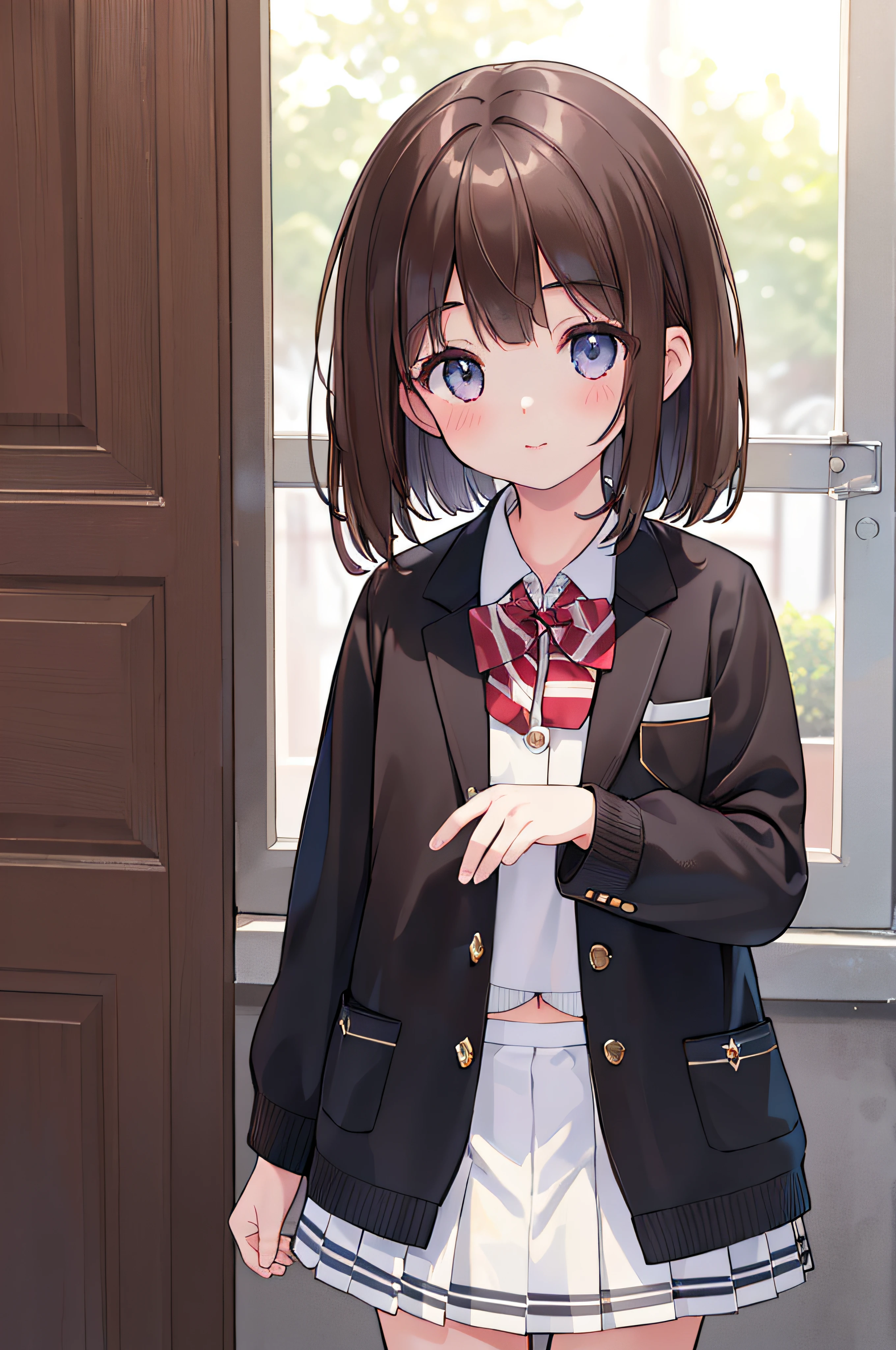 ((Realistic lighting, Best quality, 8K, Masterpiece: 1.3)), Focus: 1.2, 1girl, Perfect Figure: 1.4, Slim Abs: 1.1, ((Dark brown hair)), flush bangs,School uniform soft girl,It's a cuteoli,Binary digital capability
