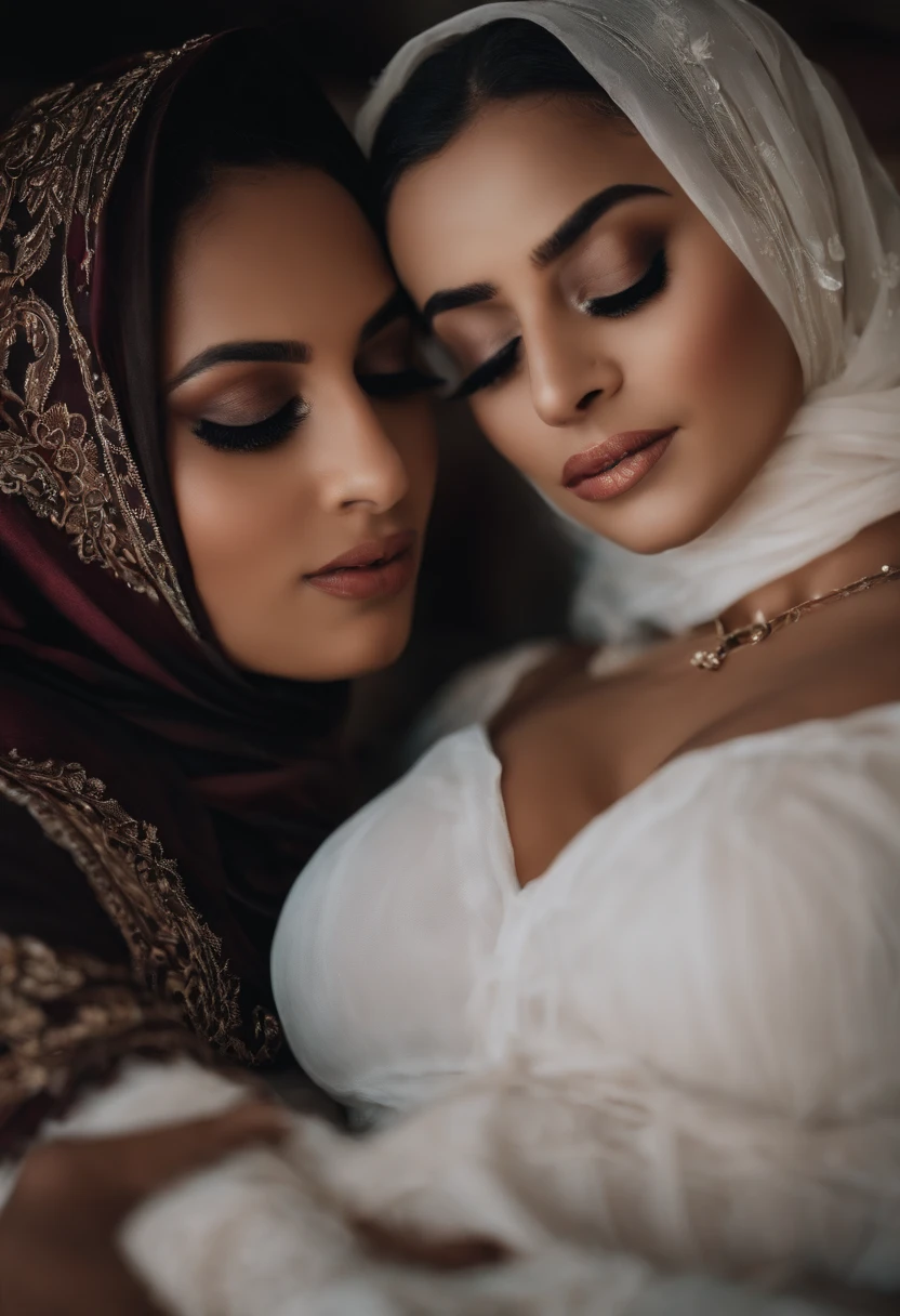 Lesbians, hijab, long dress, big boobs, lingerie, Nipple, romantic, in room, on bed, sexy, seductive, looking at each others face, love, sexy