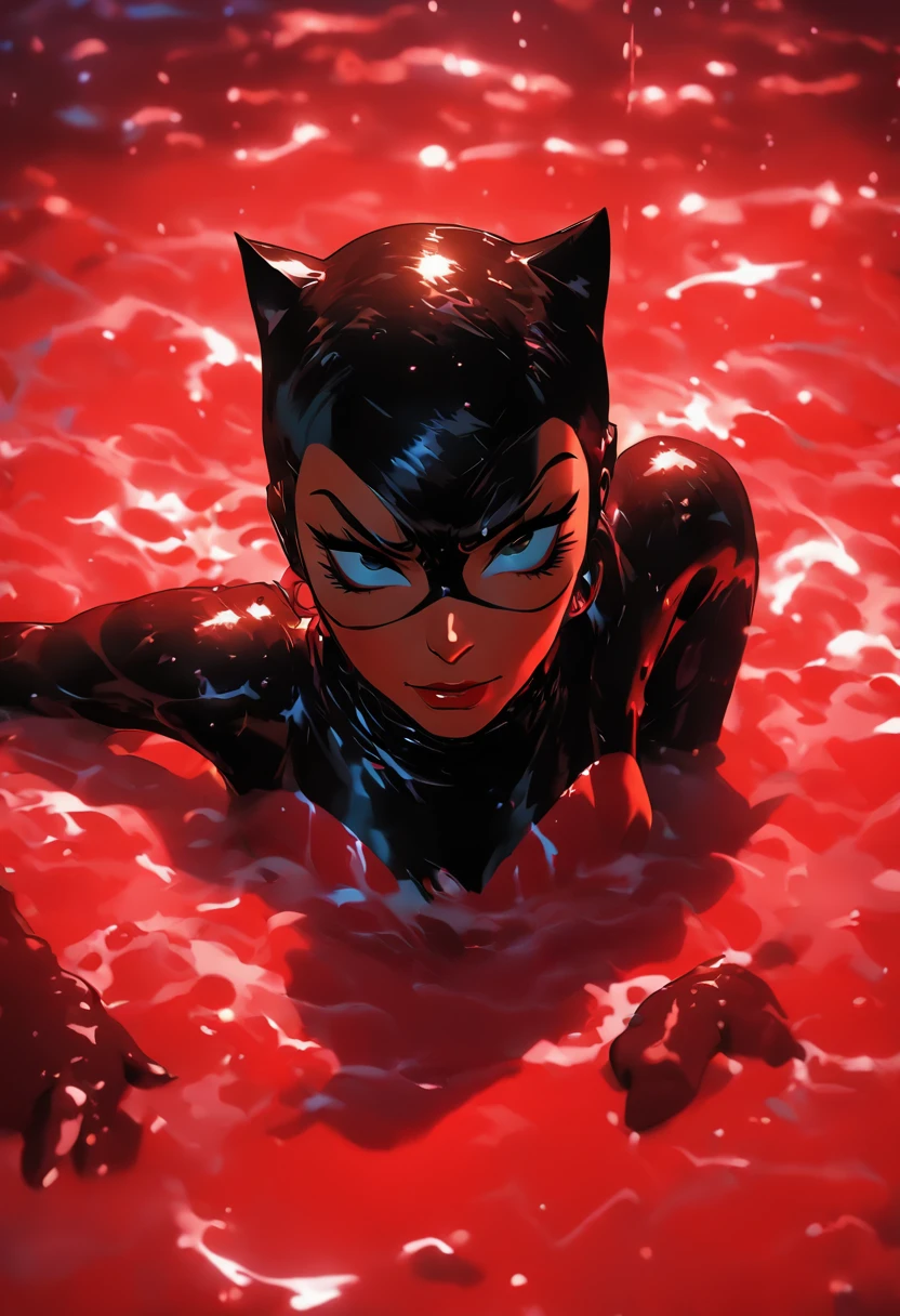 ultra realisitc photograph, Catwoman laying in a pool of milk and thick red liquid, drenched thick red liquid, dark cinematic lighting, evil