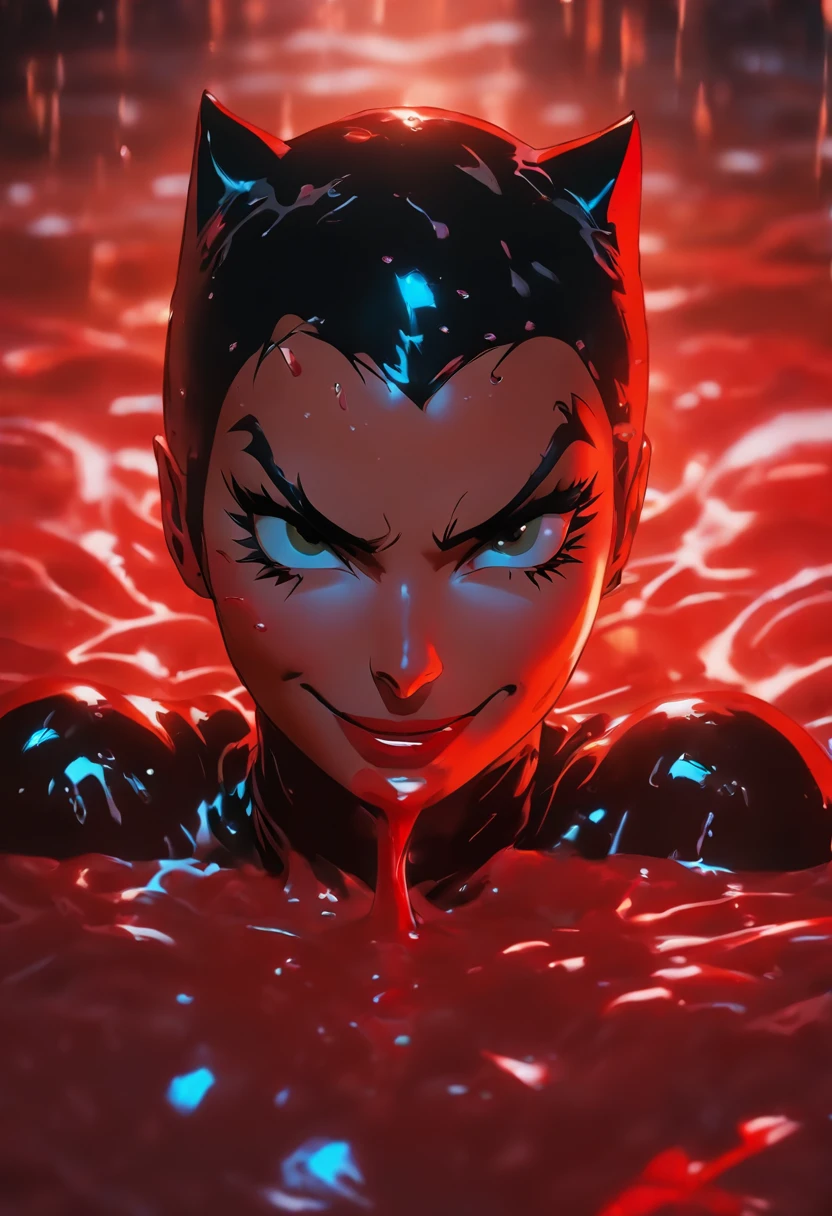 ultra realisitc photograph, Catwoman laying in a pool of milk and thick red liquid, drenched thick red liquid, dark cinematic lighting, evil