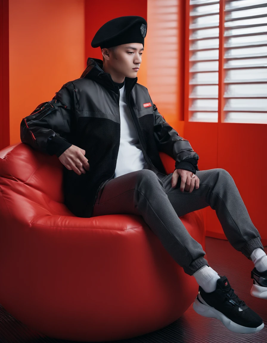 senior man in black beret and red jacket with black, sitting on coffee print vintage sofa, orange wall, half length shot, natural lighting, high quality photo