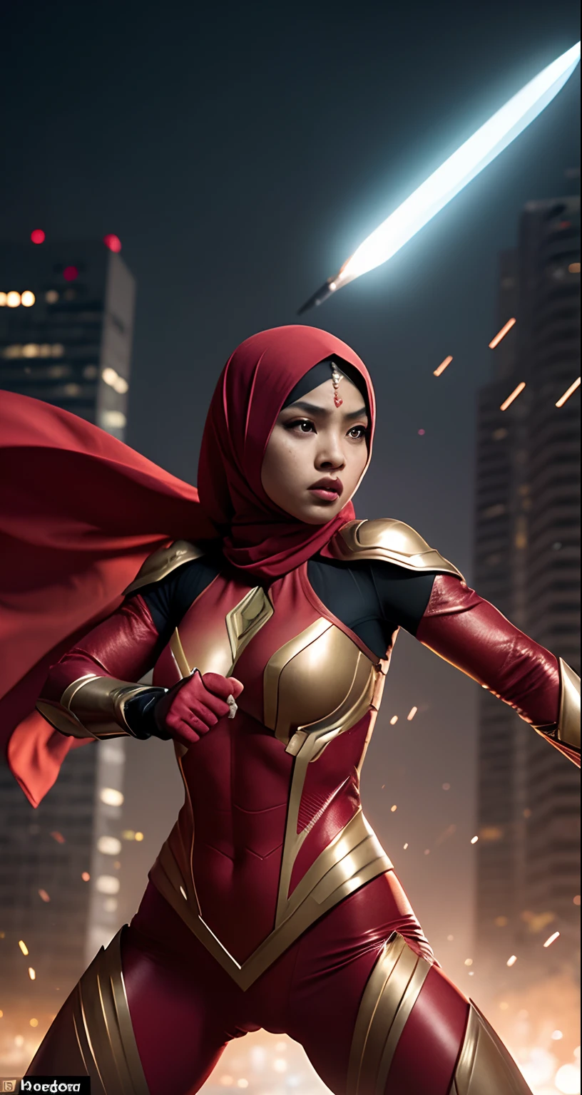 Compose a striking photography artwork featuring a Malay girl in hijab dressed as a superhero, red superhero costume, wielding a blade as her weapon, caught in an intense and dynamic fighting action pose. Utilize dramatic lighting and high-speed photography techniques to freeze the action and highlight the details of her costume and blade. Incorporate a backdrop that conveys the urgency of the battle, with elements that enhance the heroic ambiance. Capture the strength and determination in her expression, emphasizing the empowerment and courage of this modern-day superheroine