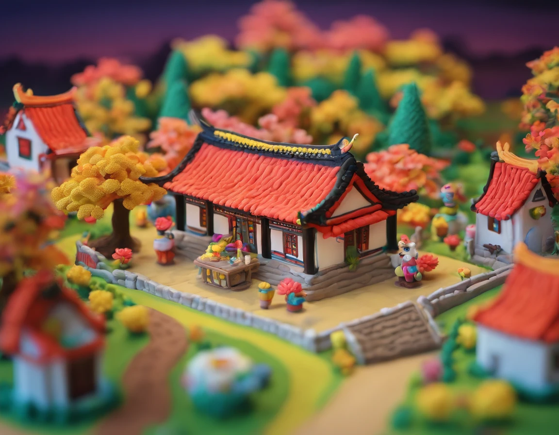 miniature,Super cute clay world,isometric view of summer countryside in Ancient China,cute clay freeze frame animation, Brilliant fireworks in the night sky, people，paths,  fine country houses, title shift, excellent lighting, landscape ,volume, brush redering, 3D, super detail